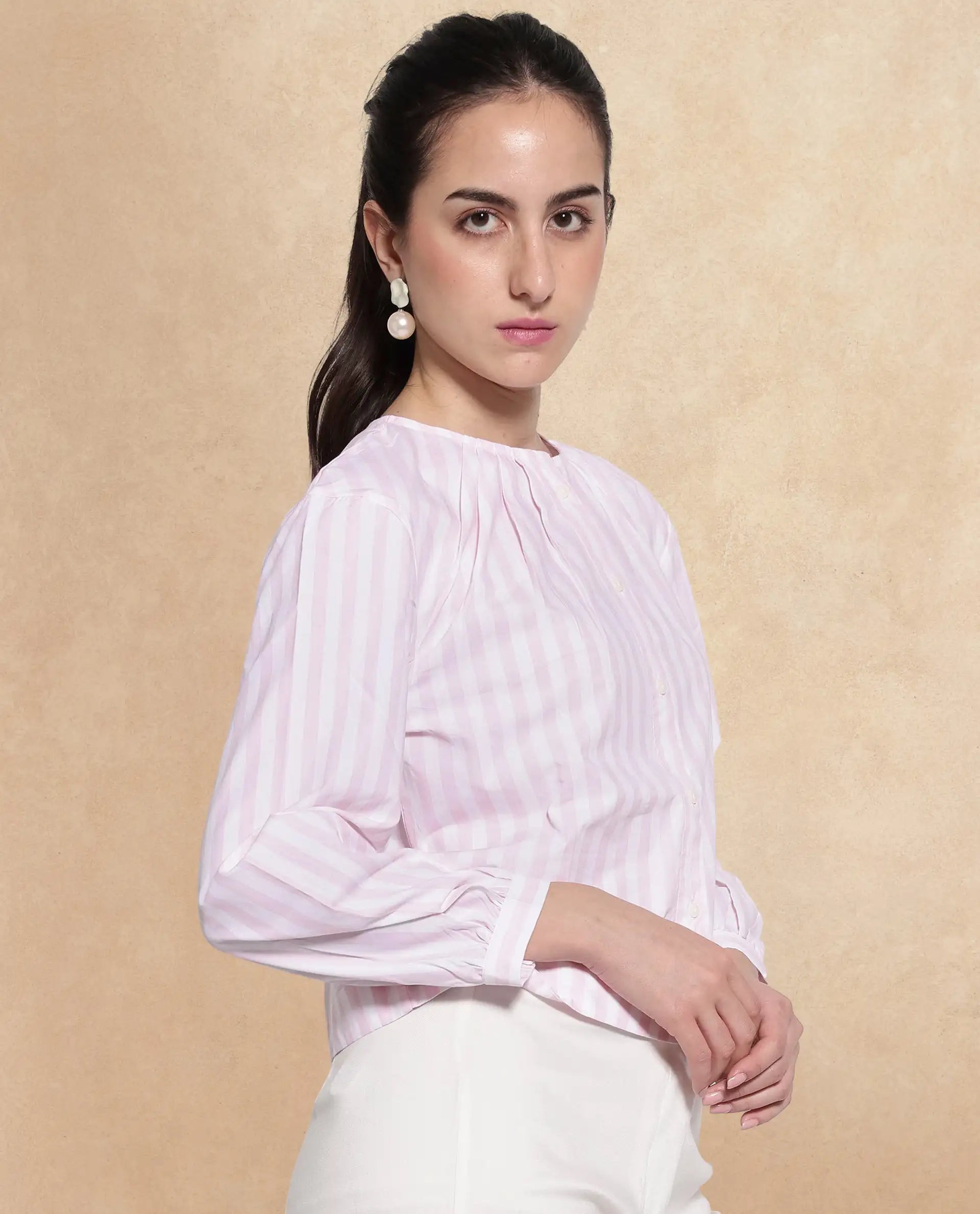 Rareism Women Jayleon Pink Cuffed Sleeve Round Neck Button Narrow Stripes Top