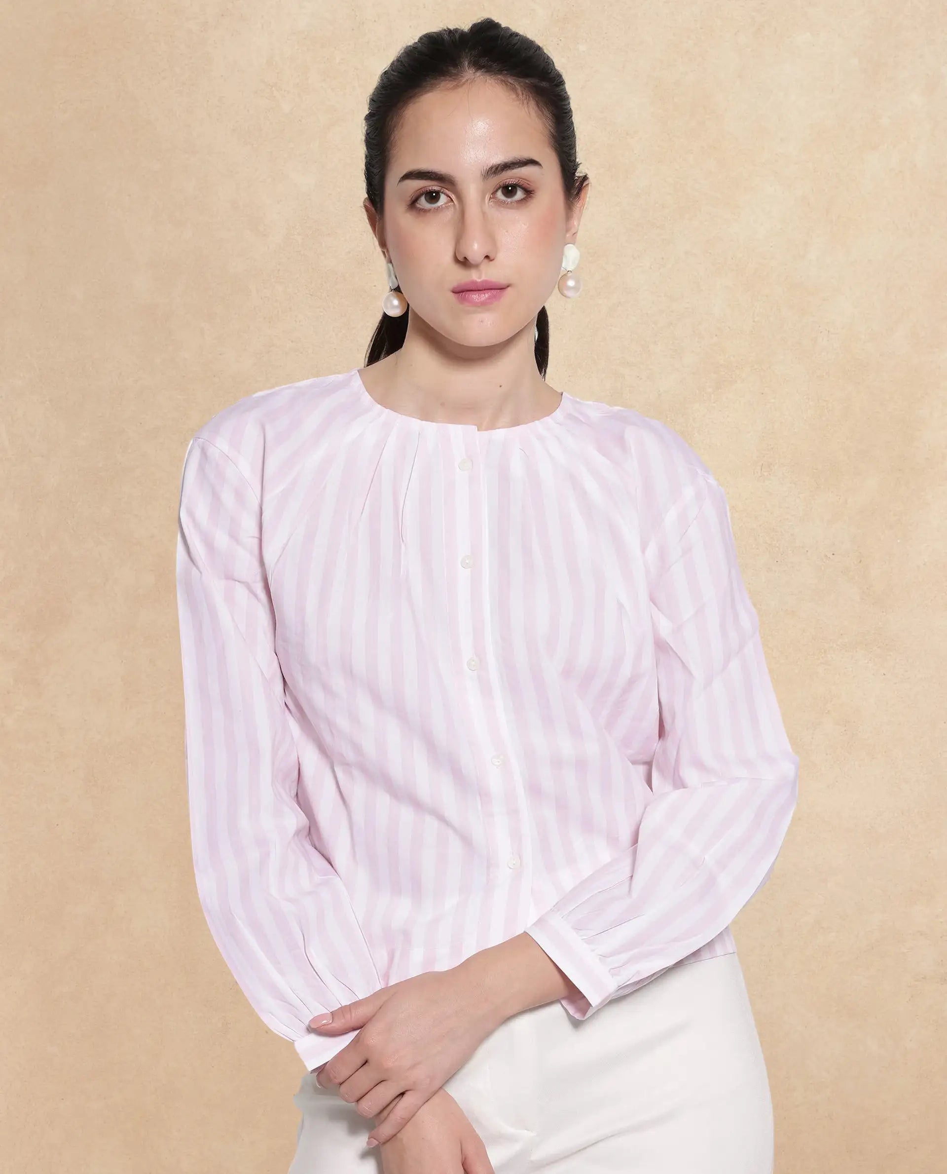 Rareism Women Jayleon Pink Cuffed Sleeve Round Neck Button Narrow Stripes Top