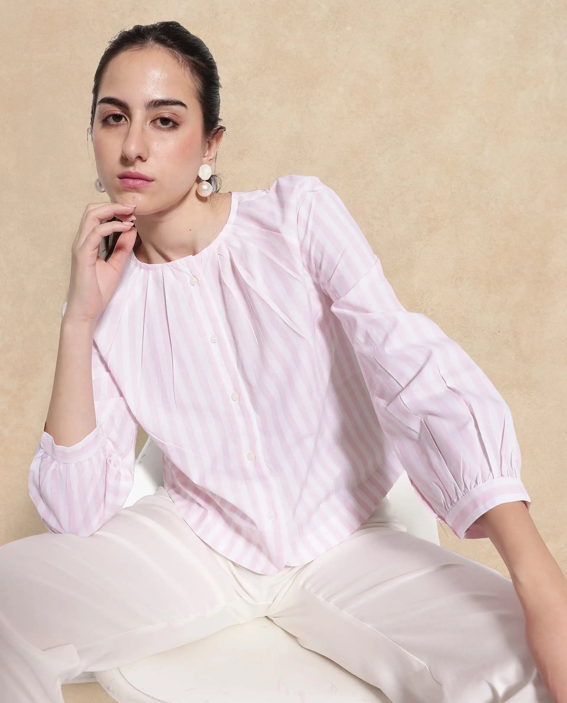 Rareism Women Jayleon Pink Cuffed Sleeve Round Neck Button Narrow Stripes Top