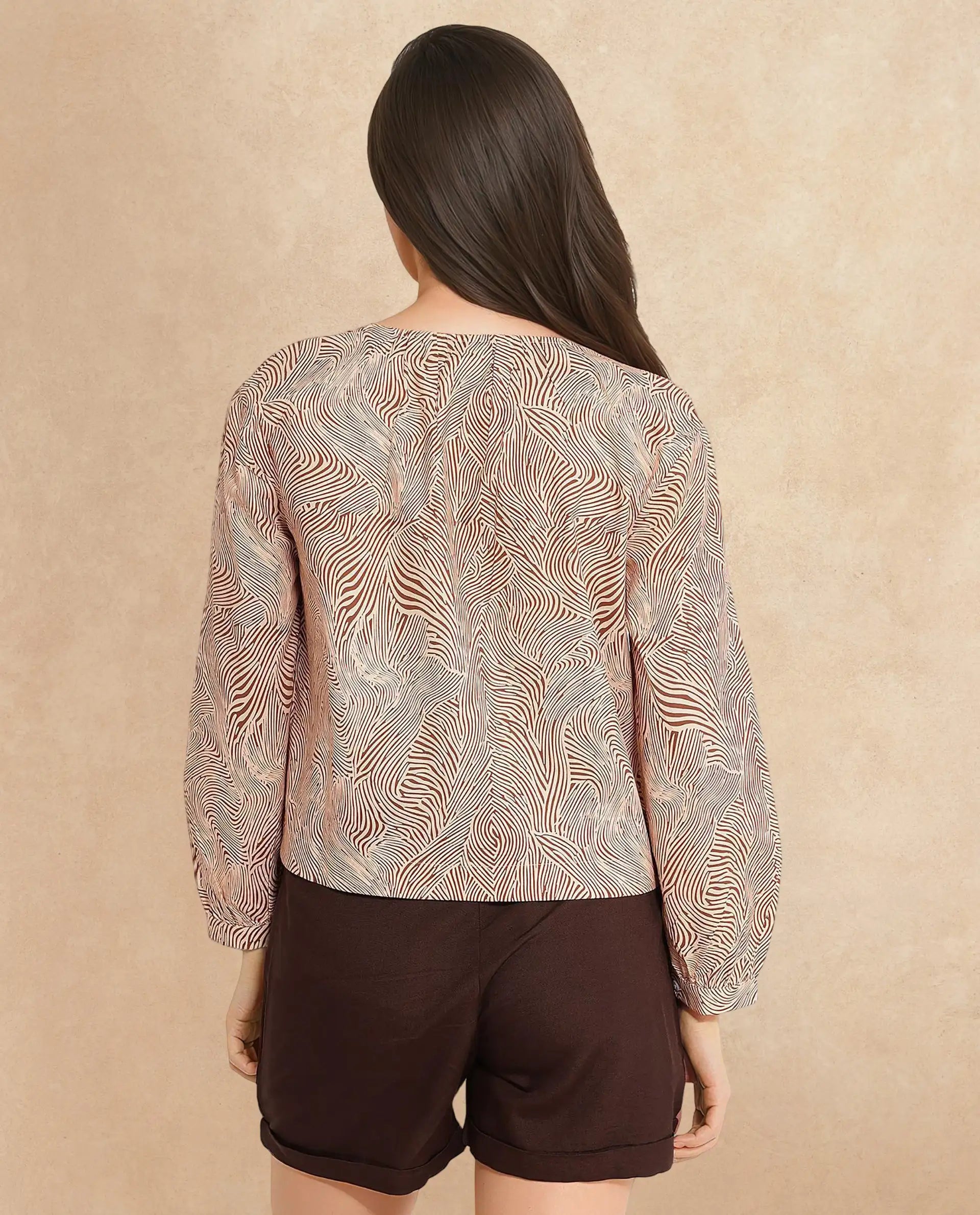 Rareism Women Jaylone Beige Cuffed Sleeve Round Neck Button Geometric Print Top