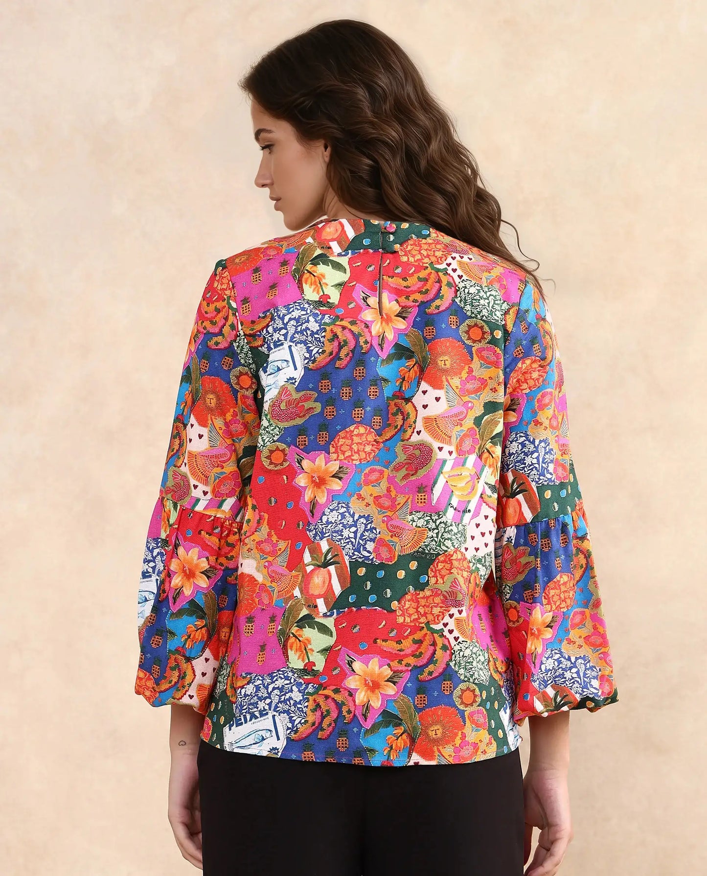 Rareism Women Jibve Multi Rayon Fabric Lantern Sleeve Round Neck Button Closure Regular Fit Abstract Print Top