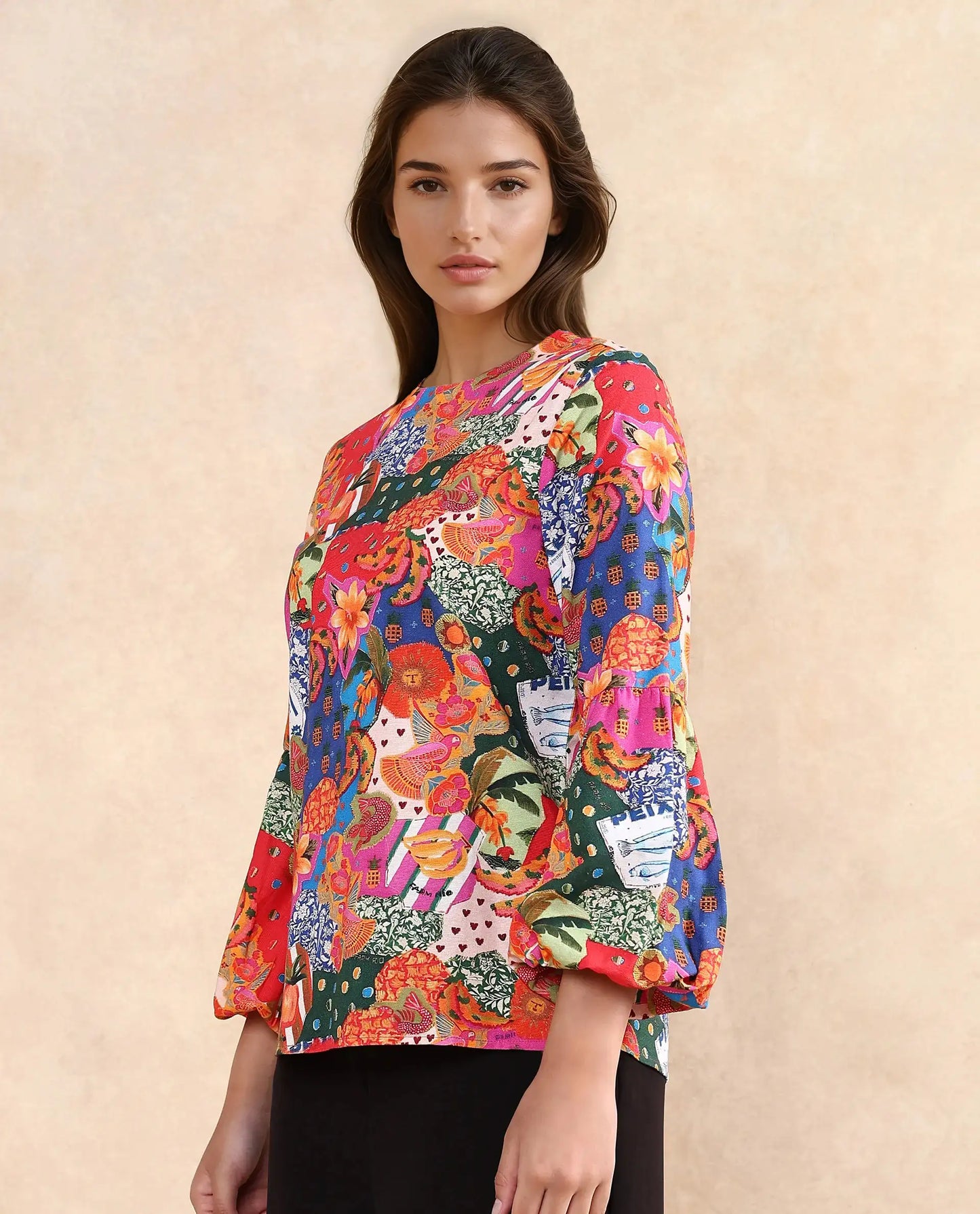 Rareism Women Jibve Multi Rayon Fabric Lantern Sleeve Round Neck Button Closure Regular Fit Abstract Print Top