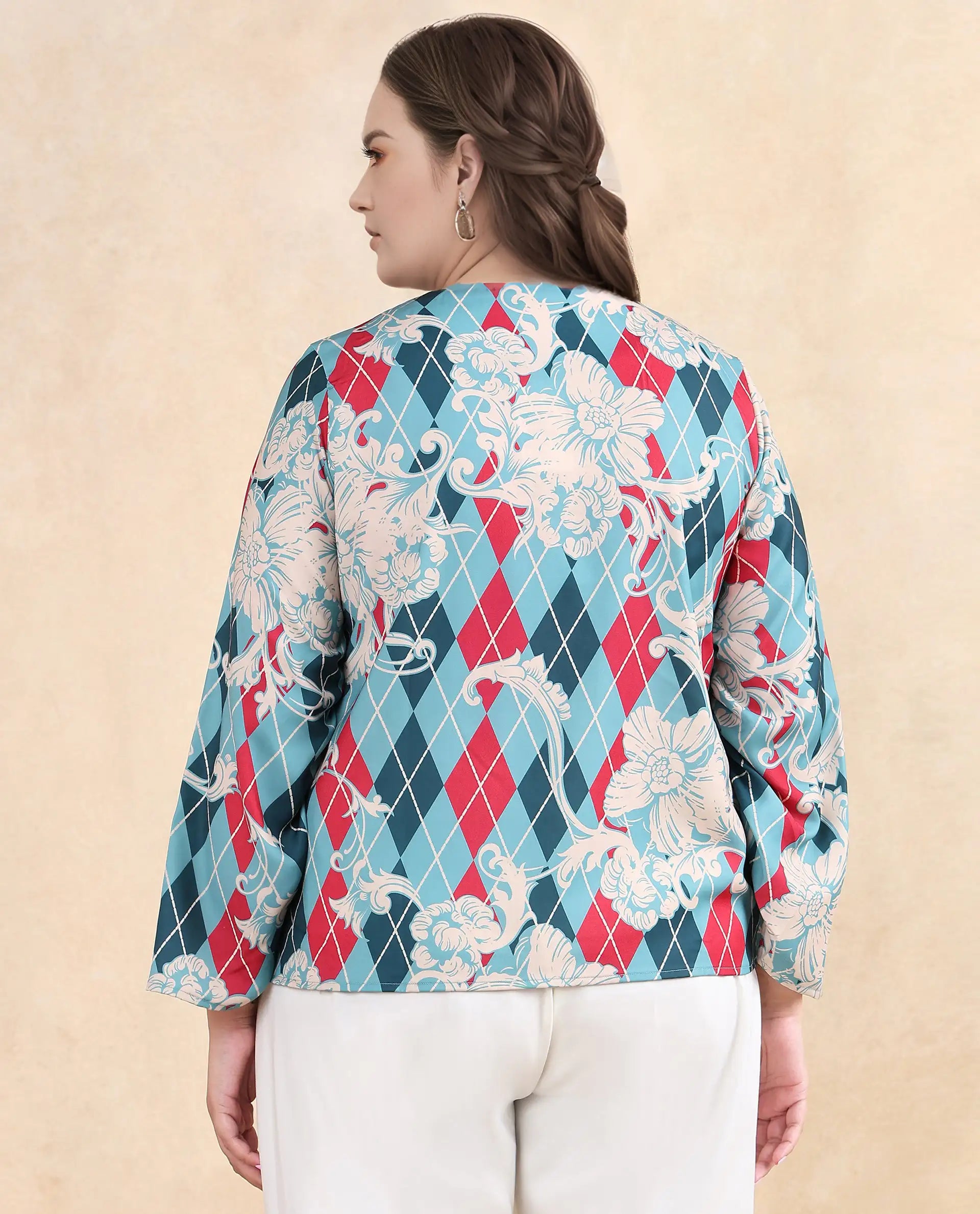 Rareism Women Jiko Multi Satin Volume Sleeve Round Neck Zipper Closure Geometric Print Top