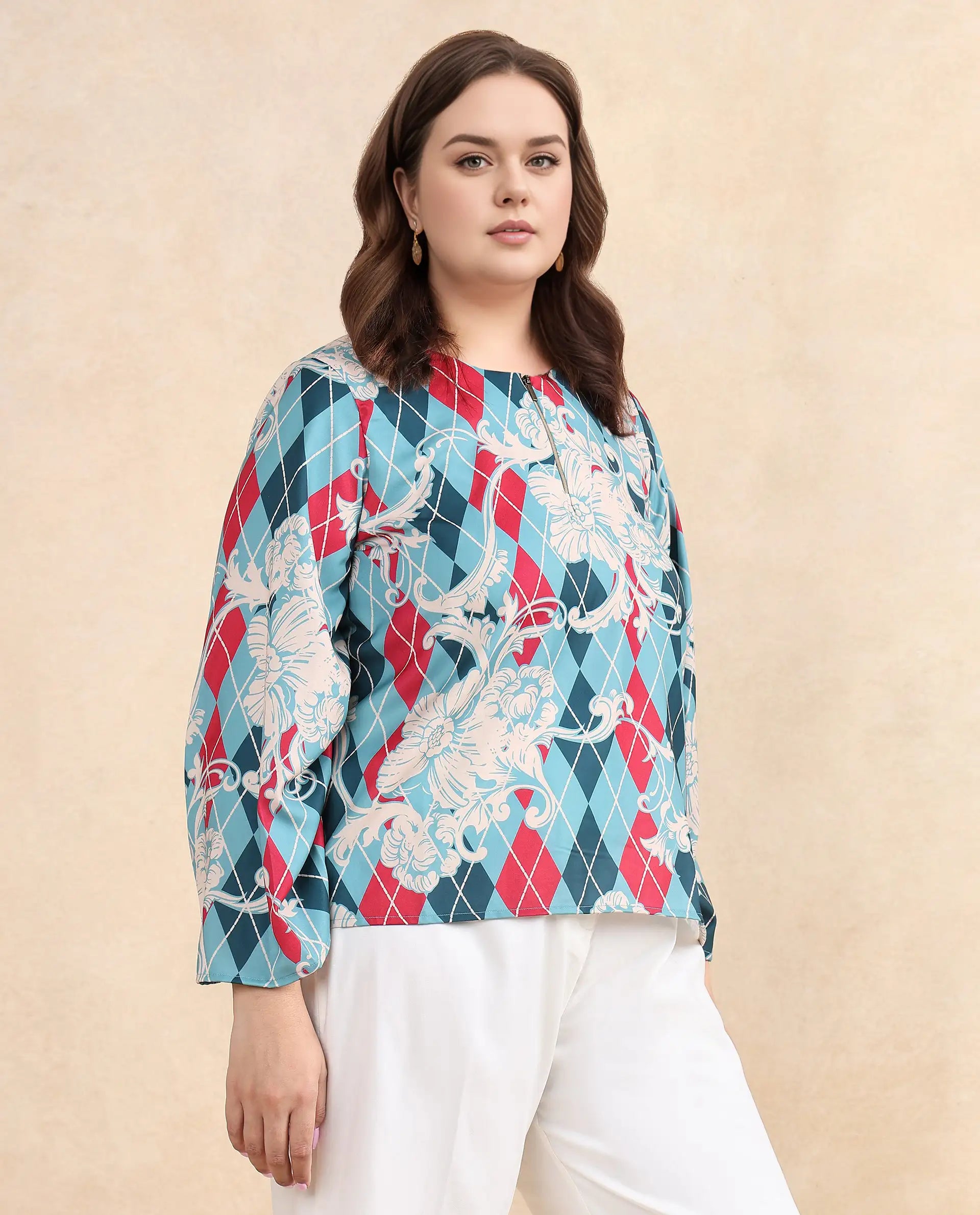 Rareism Women Jiko Multi Satin Volume Sleeve Round Neck Zipper Closure Geometric Print Top