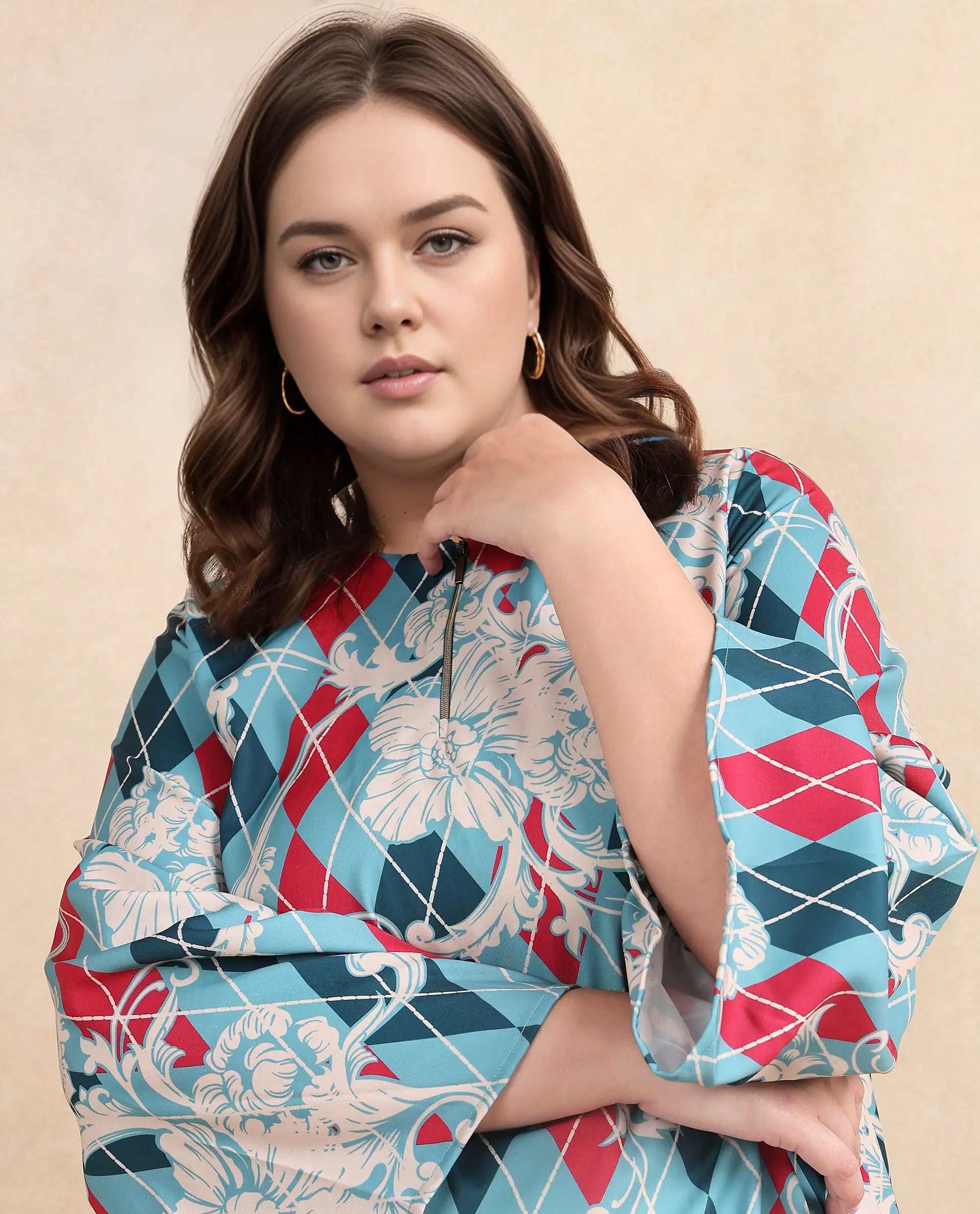 Rareism Women Jiko Multi Satin Volume Sleeve Round Neck Zipper Closure Geometric Print Top