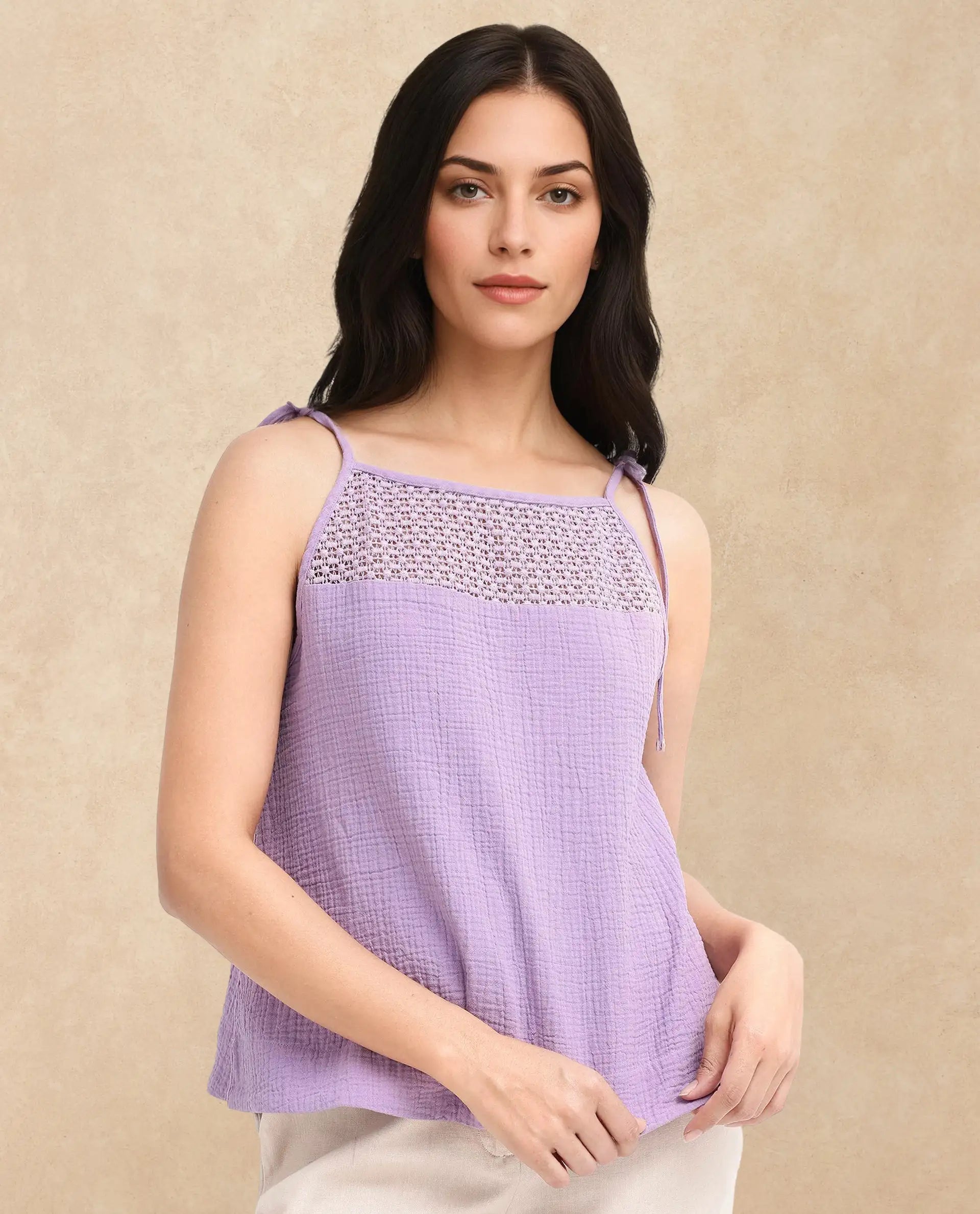 Rareism Women Jordyn-T Pastel Purple Cotton Fabric Sleeveless Shoulder Straps Tie Up Closure Plain Top