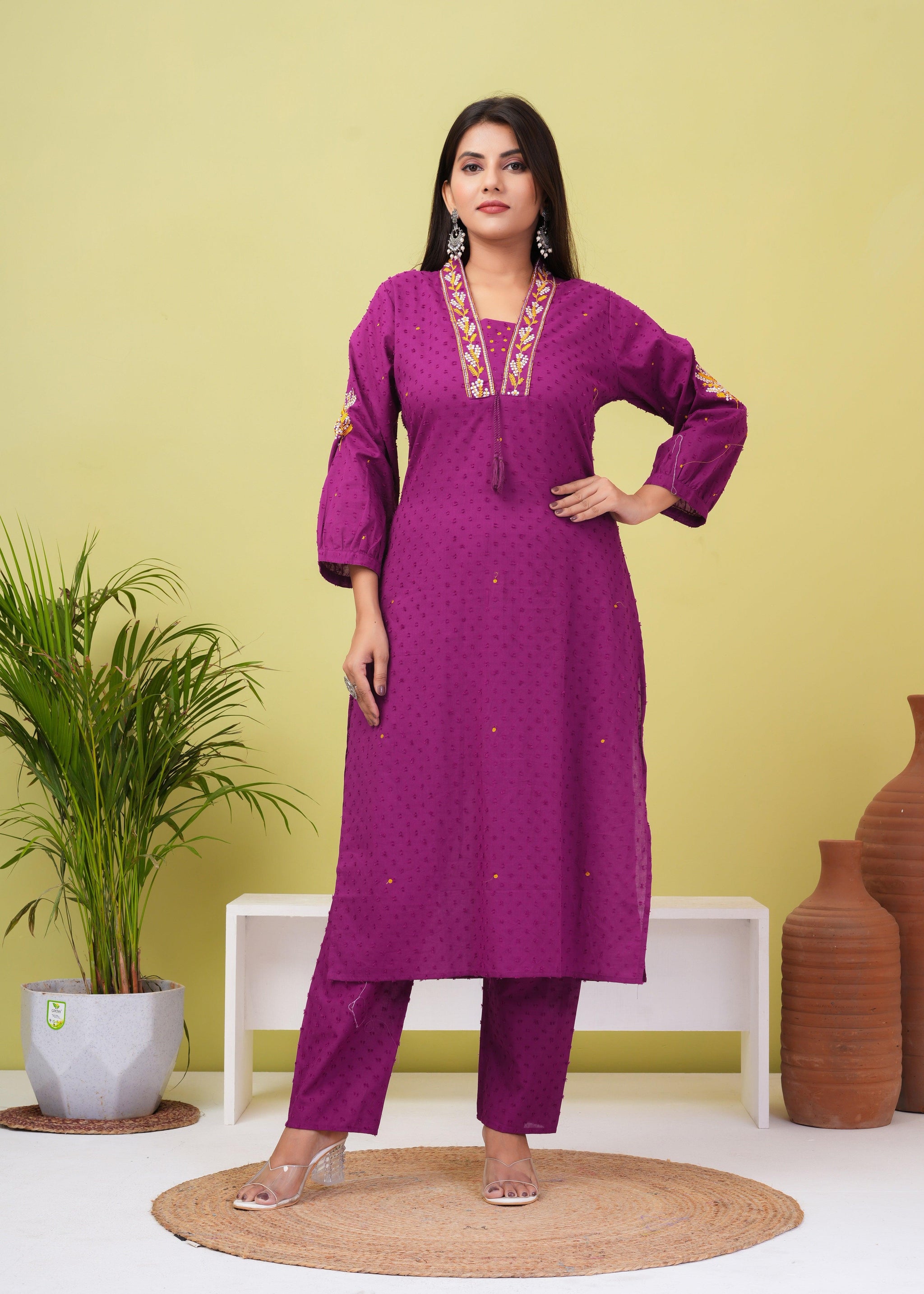 Dark Raspberry Embroidered Boota Cotton Kurta And Pant Set