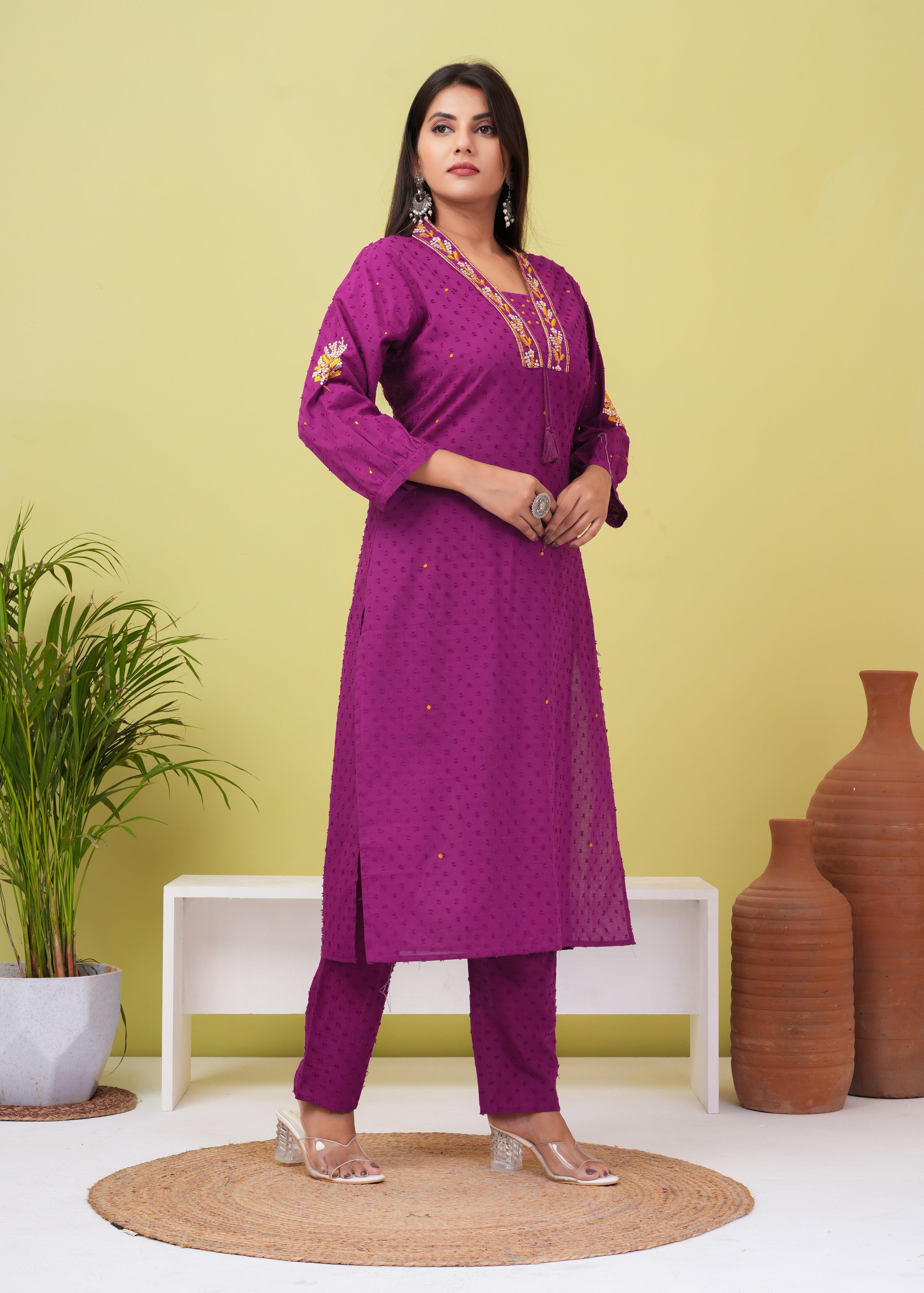 Dark Raspberry Embroidered Boota Cotton Kurta And Pant Set