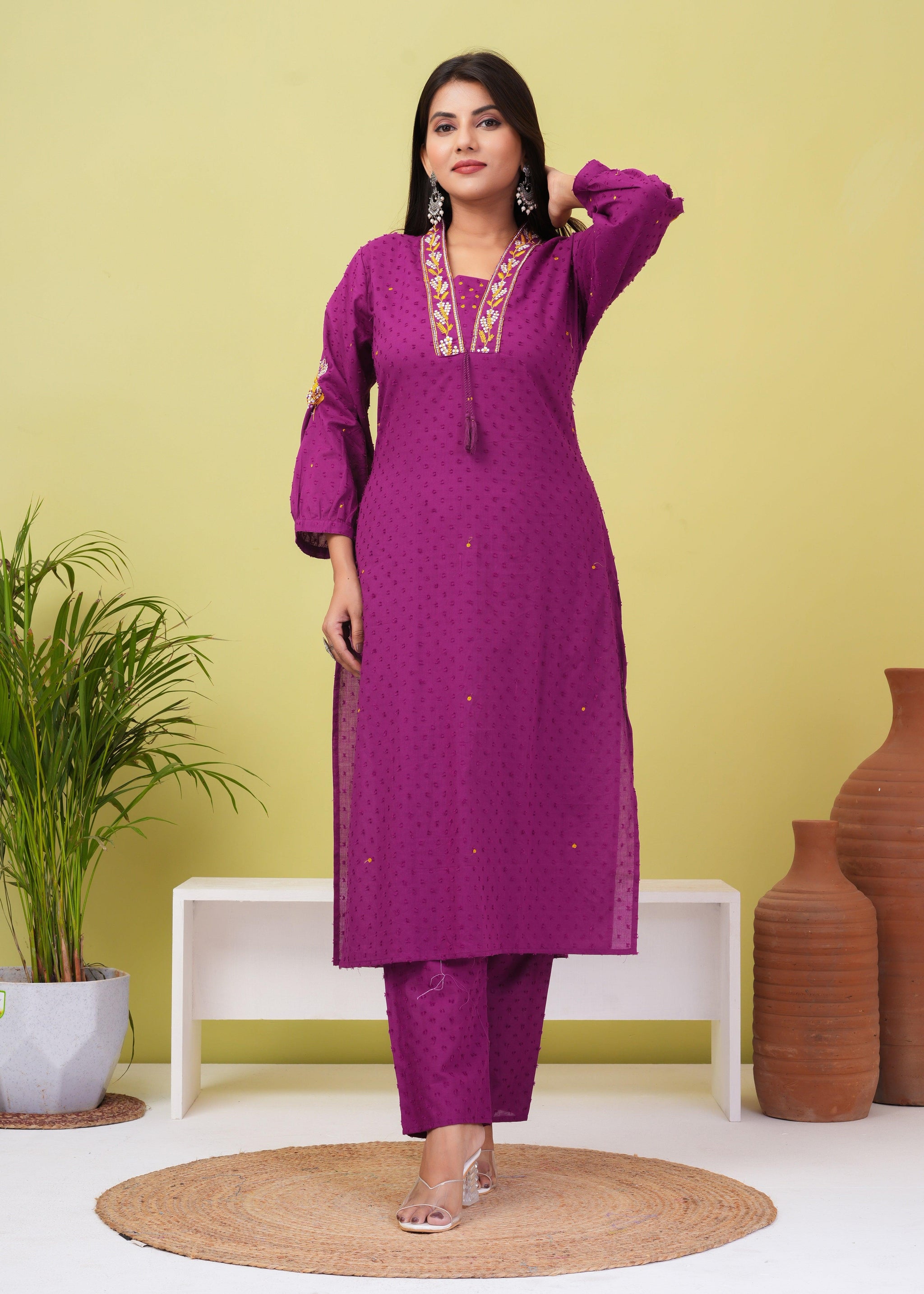 Dark Raspberry Embroidered Boota Cotton Kurta And Pant Set