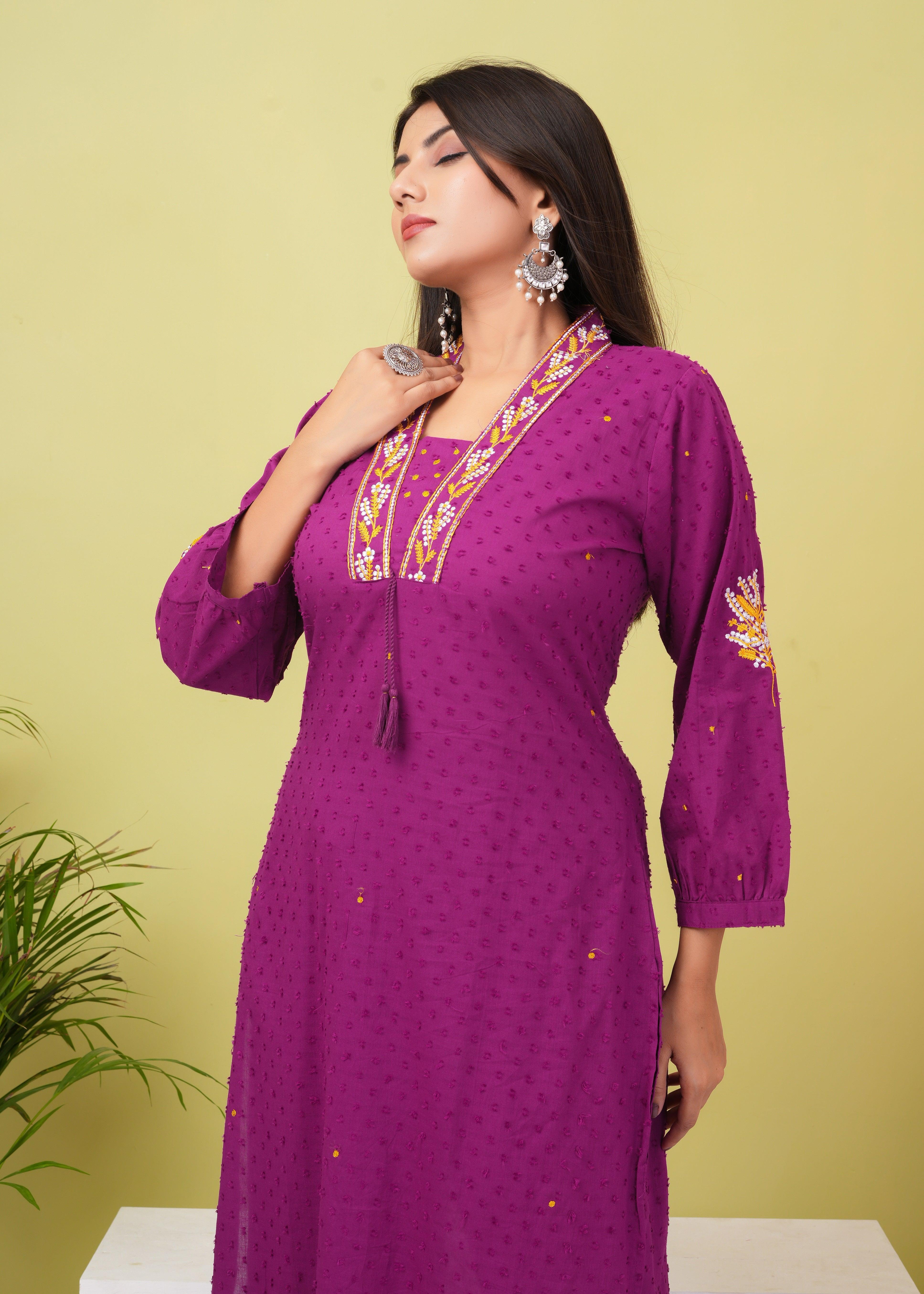 Dark Raspberry Embroidered Boota Cotton Kurta And Pant Set