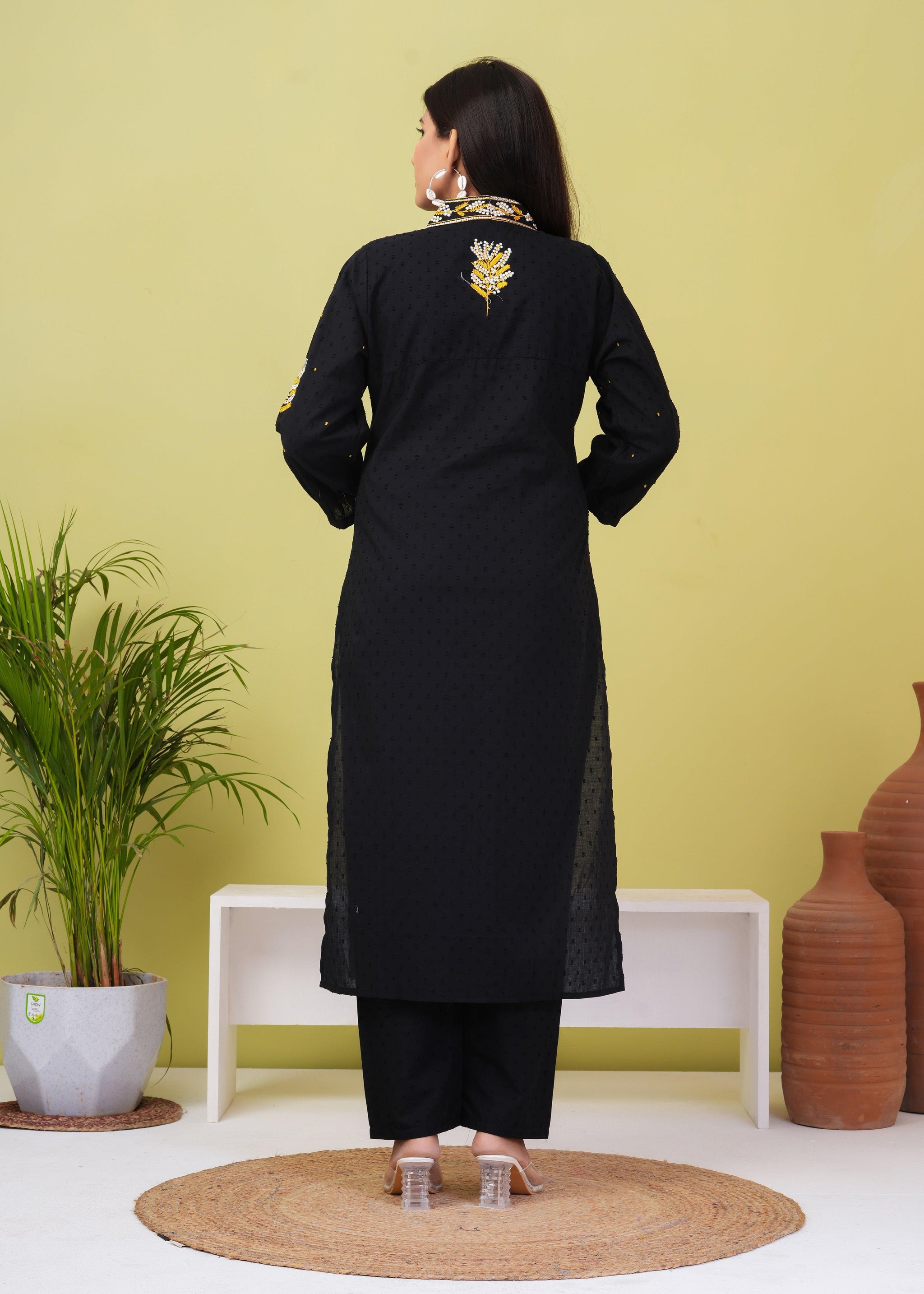 Black Embroidered Boota Cotton Kurta and Pant Set
