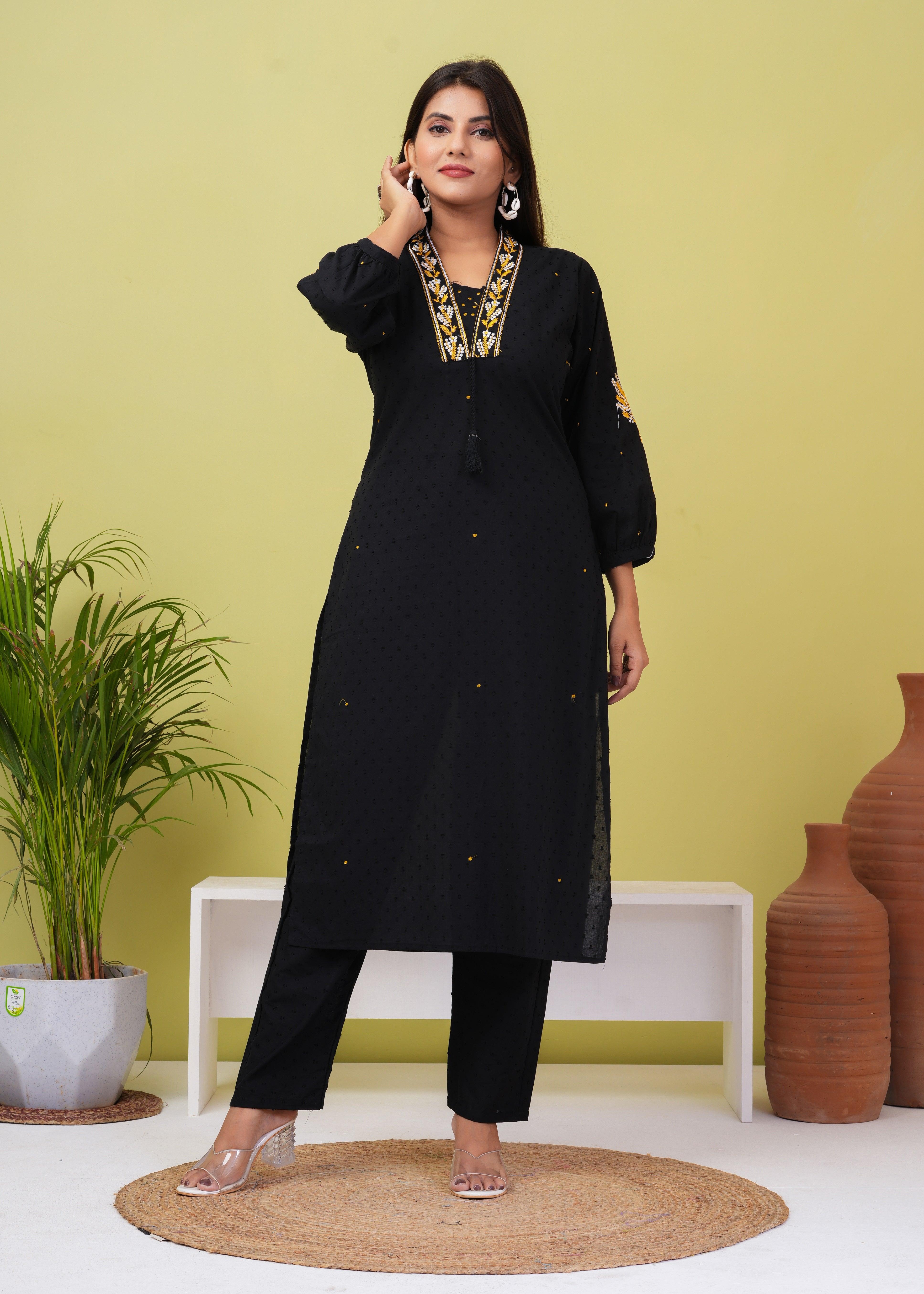 Black Embroidered Boota Cotton Kurta and Pant Set