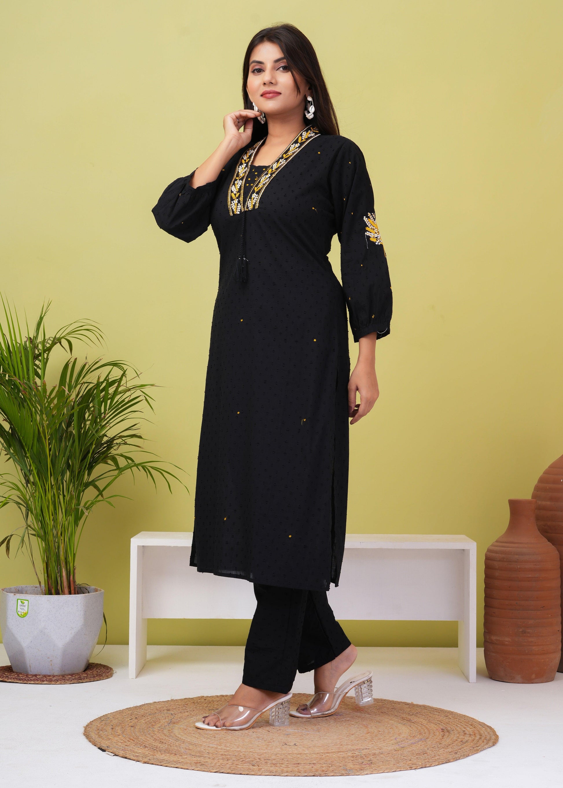 Black Embroidered Boota Cotton Kurta and Pant Set