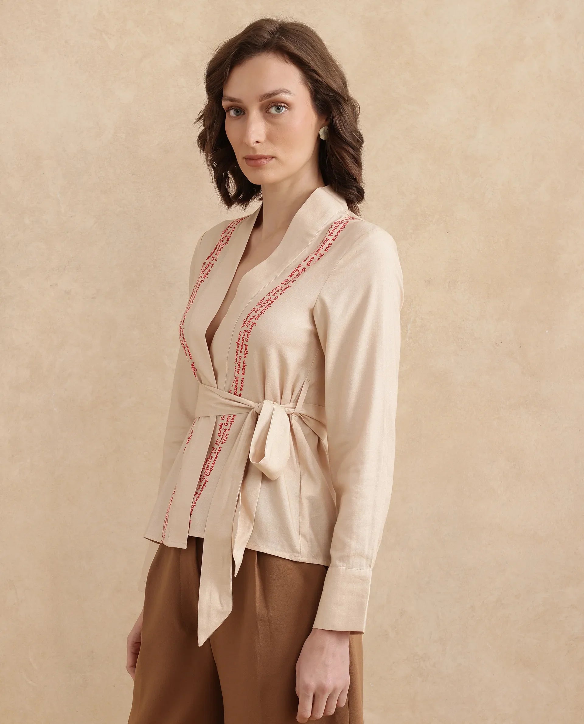 Rareism Women Juinb Beige Cuffed Sleeve Shawl Neck Regular Fit Typography Print Top