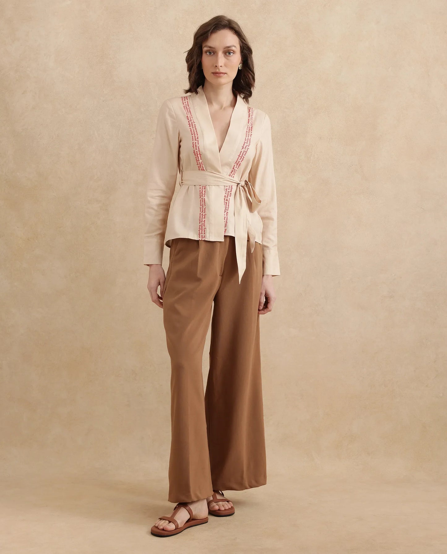 Rareism Women Juinb Beige Cuffed Sleeve Shawl Neck Regular Fit Typography Print Top