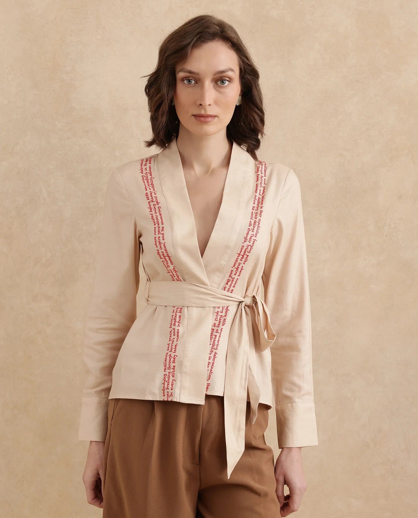 Rareism Women Juinb Beige Cuffed Sleeve Shawl Neck Regular Fit Typography Print Top