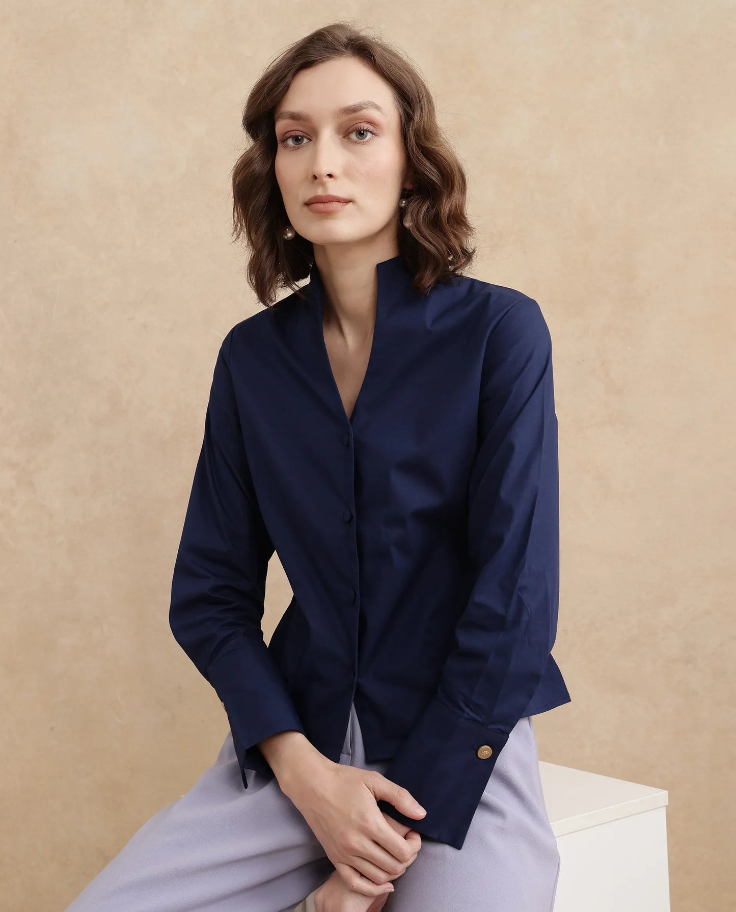 Rareism Women Kaldo Light Navy Full Sleeve High Neck Button Closure Cropped Plain Top