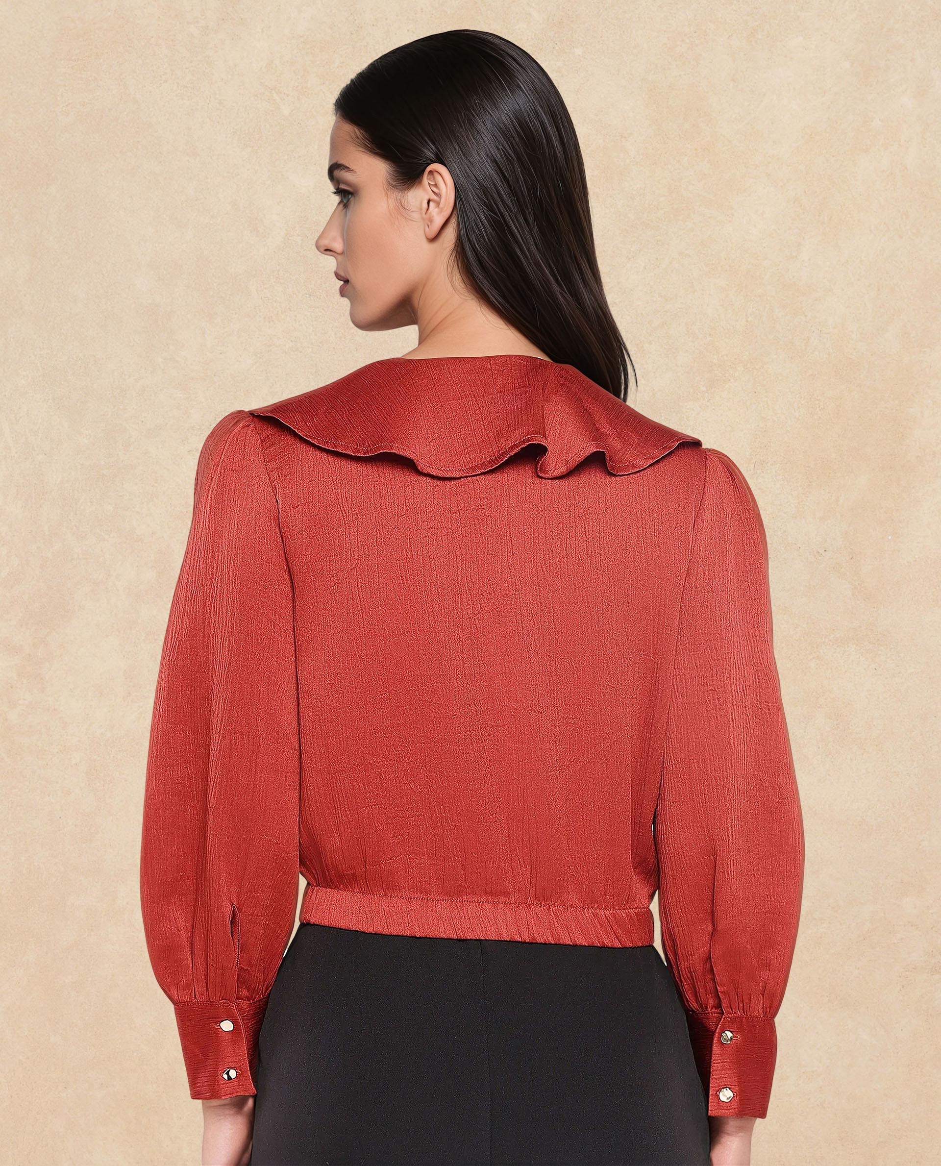 Rareism Women Karabuk Orange Cuffed Sleeve Tie-Up Neck Cropped Plain Top