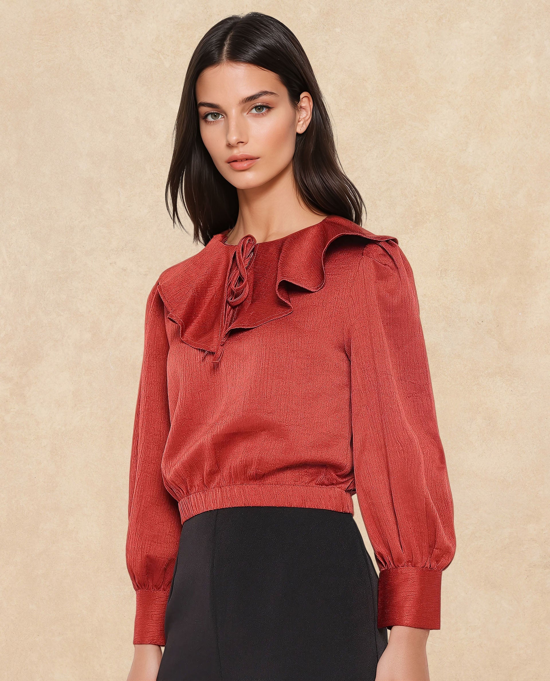 Rareism Women Karabuk Orange Cuffed Sleeve Tie-Up Neck Cropped Plain Top