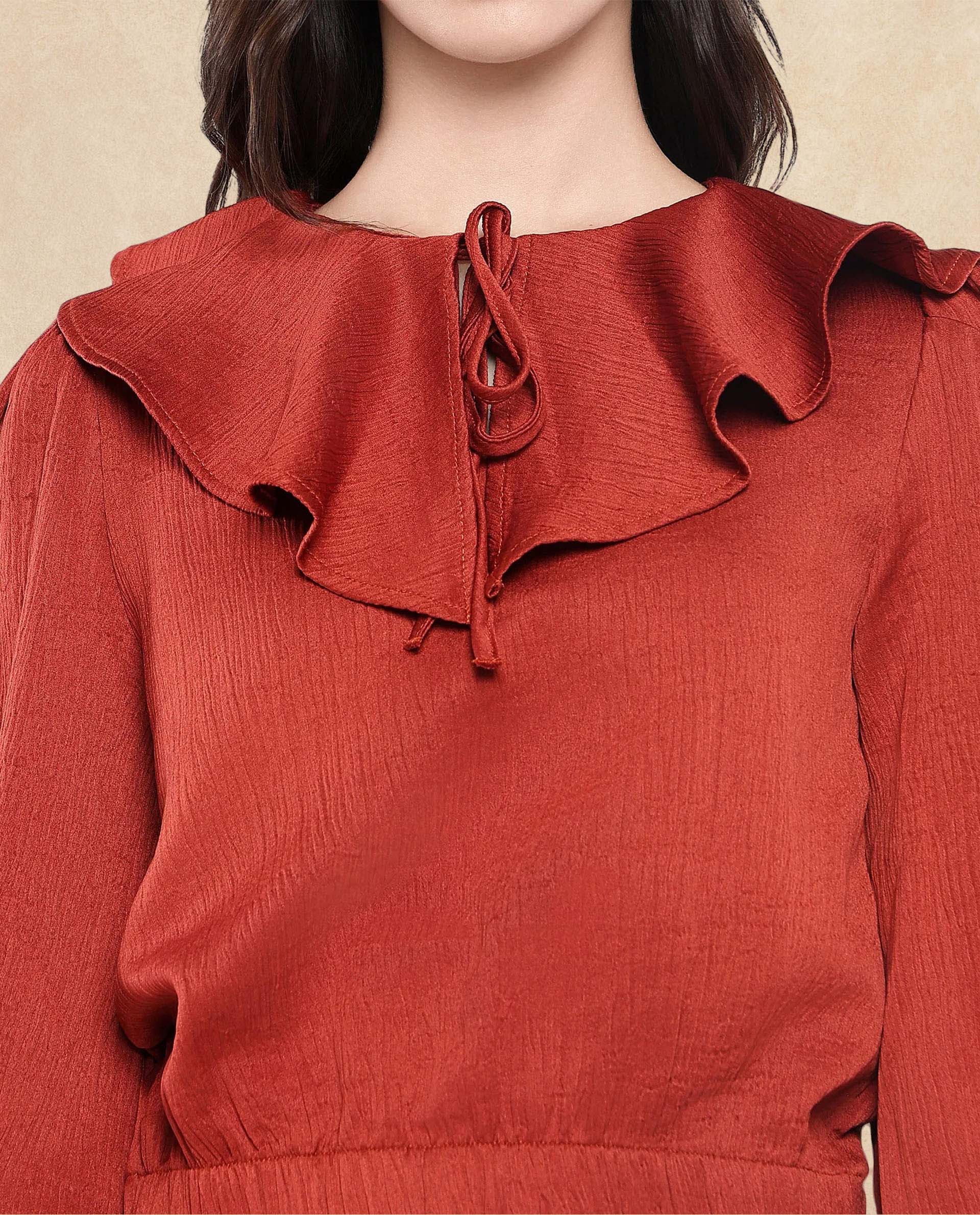 Rareism Women Karabuk Orange Cuffed Sleeve Tie-Up Neck Cropped Plain Top