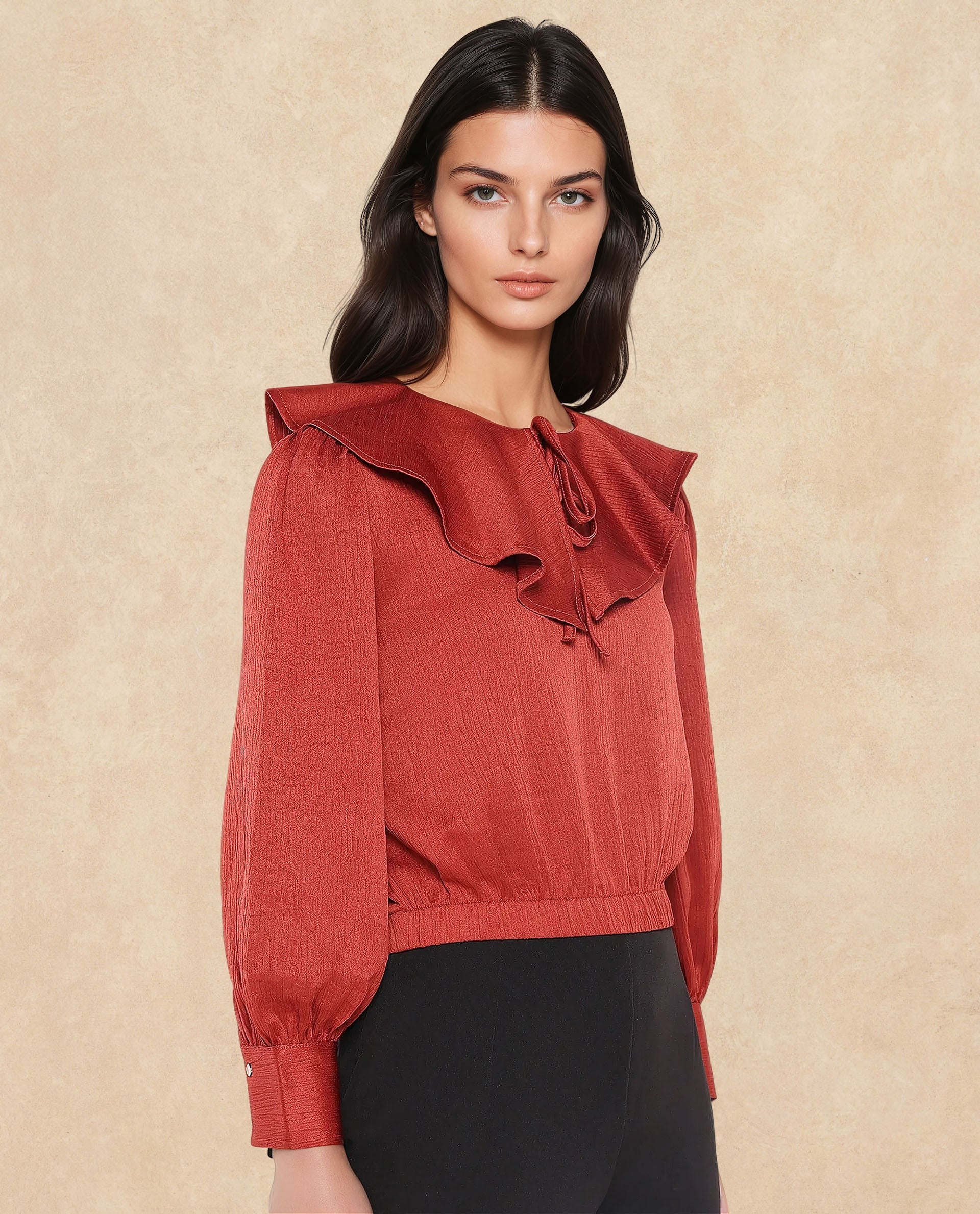 Rareism Women Karabuk Orange Cuffed Sleeve Tie-Up Neck Cropped Plain Top