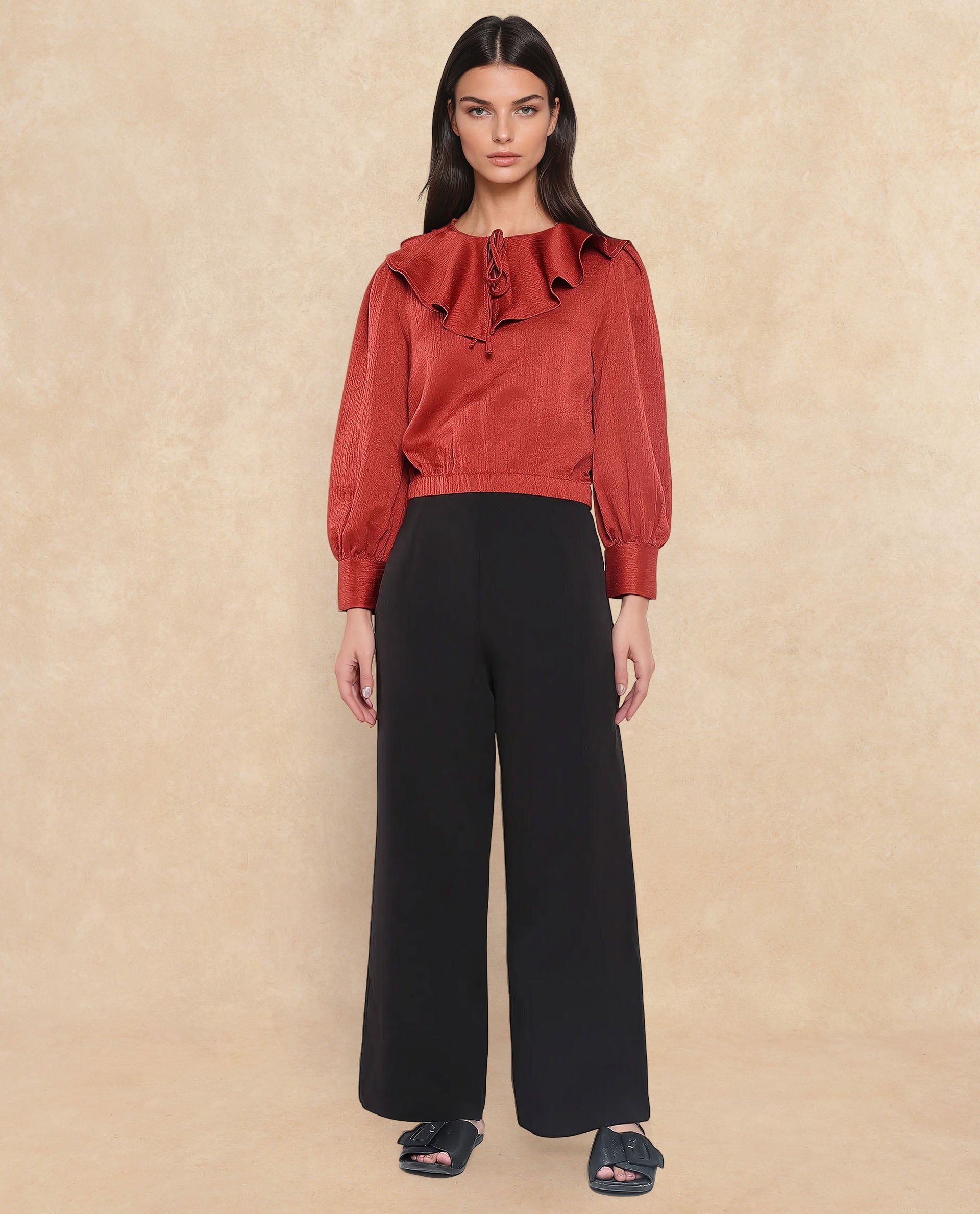 Rareism Women Karabuk Orange Cuffed Sleeve Tie-Up Neck Cropped Plain Top