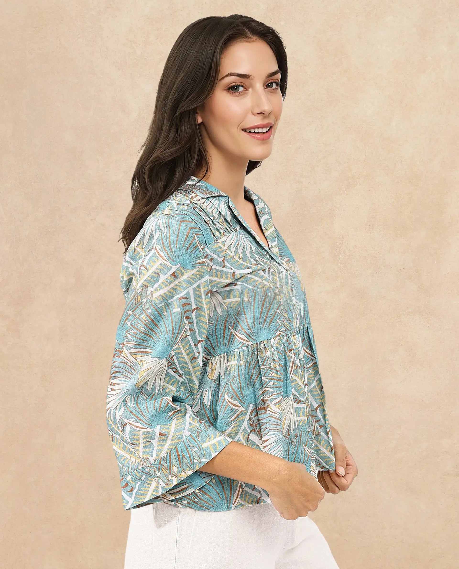 Rareism Women Karrara Dusky Blue Button Closure 3/4Th Sleeve Lapel Neck Abstract Print Top