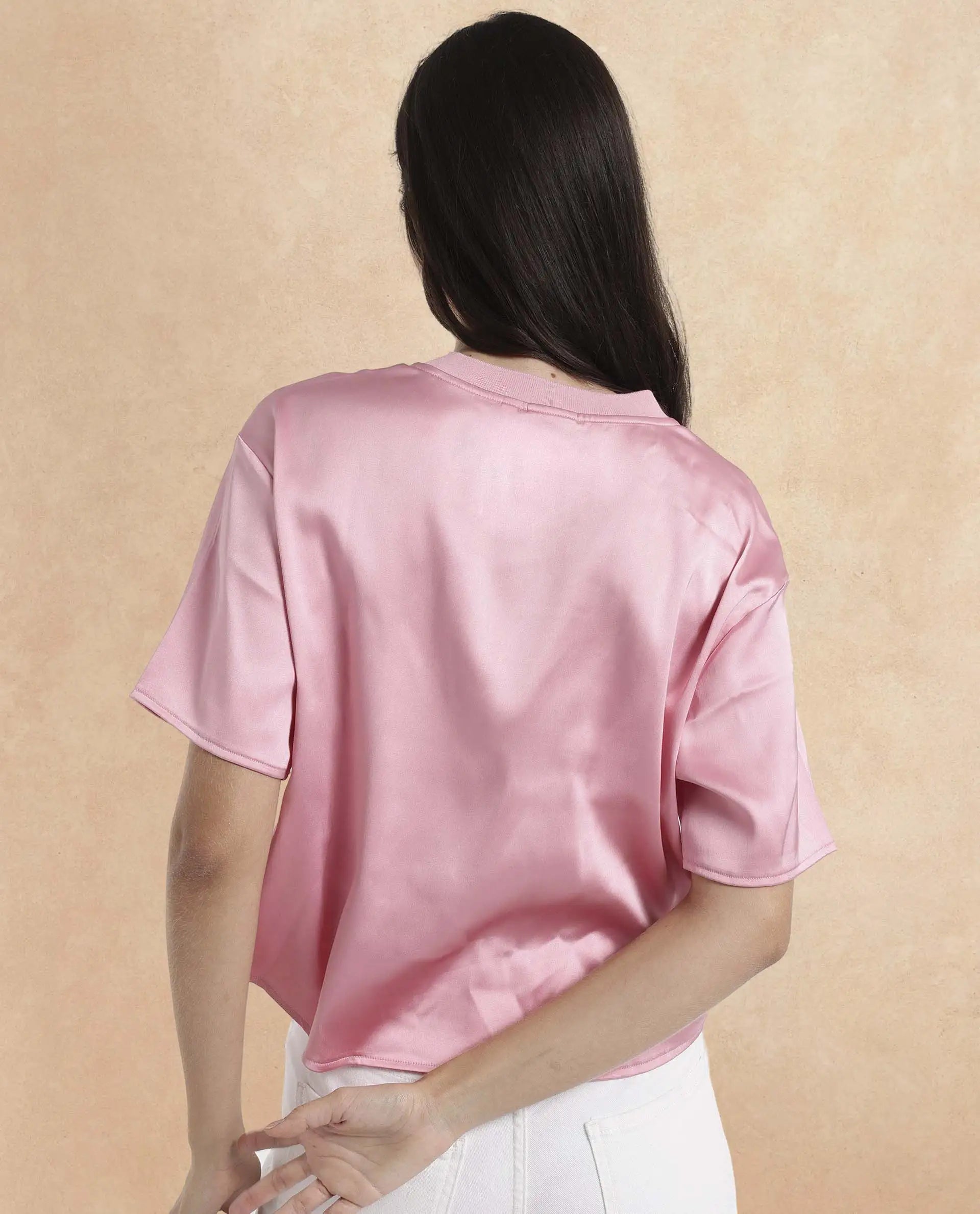 Rareism Women Karuno Light Pink Short Sleeve Ribbed Collar Boxy Fit Plain Top