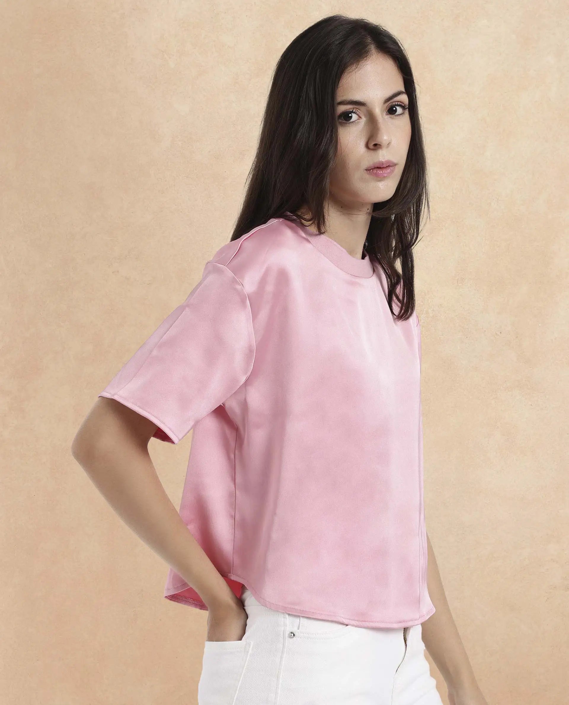 Rareism Women Karuno Light Pink Short Sleeve Ribbed Collar Boxy Fit Plain Top