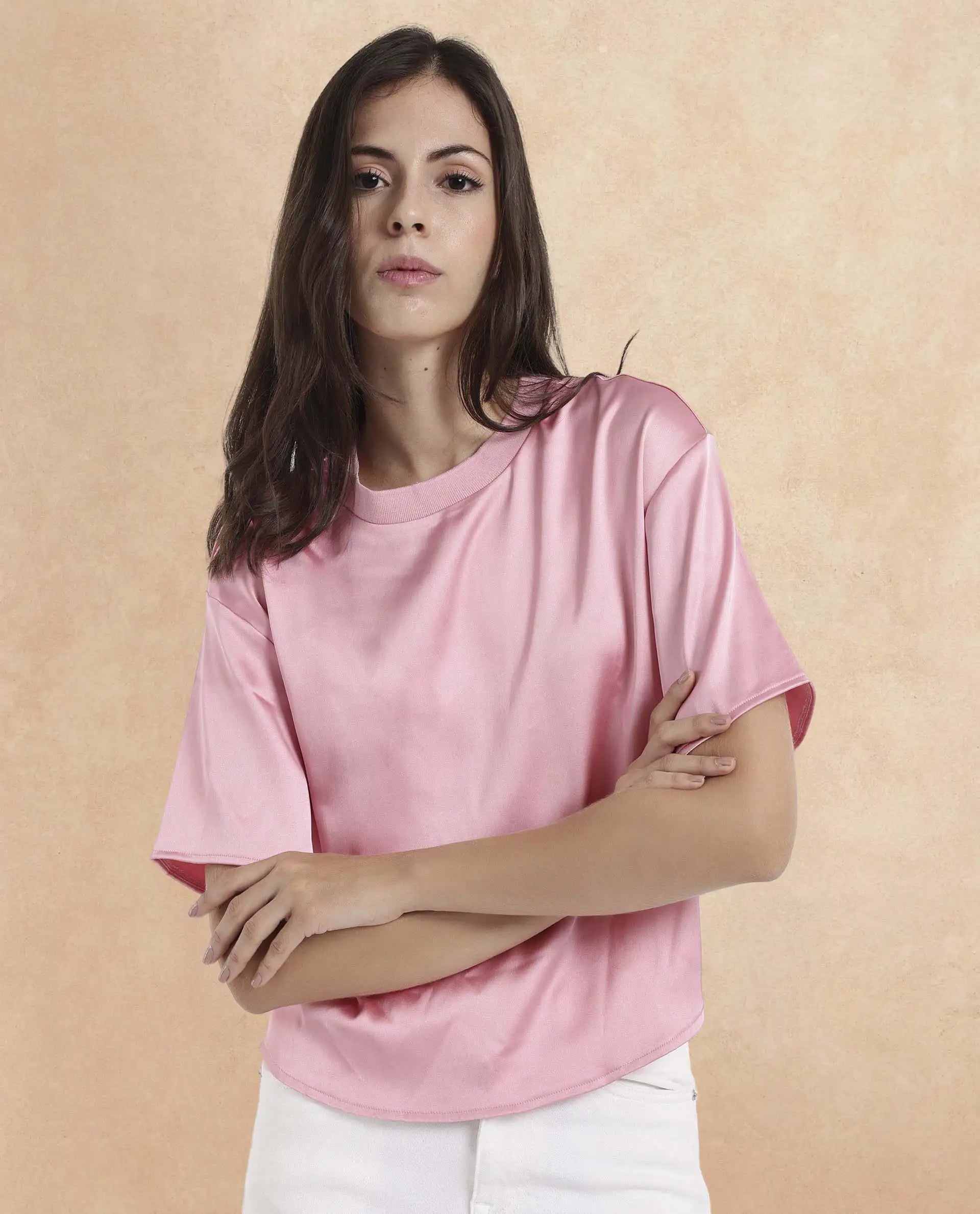 Rareism Women Karuno Light Pink Short Sleeve Ribbed Collar Boxy Fit Plain Top