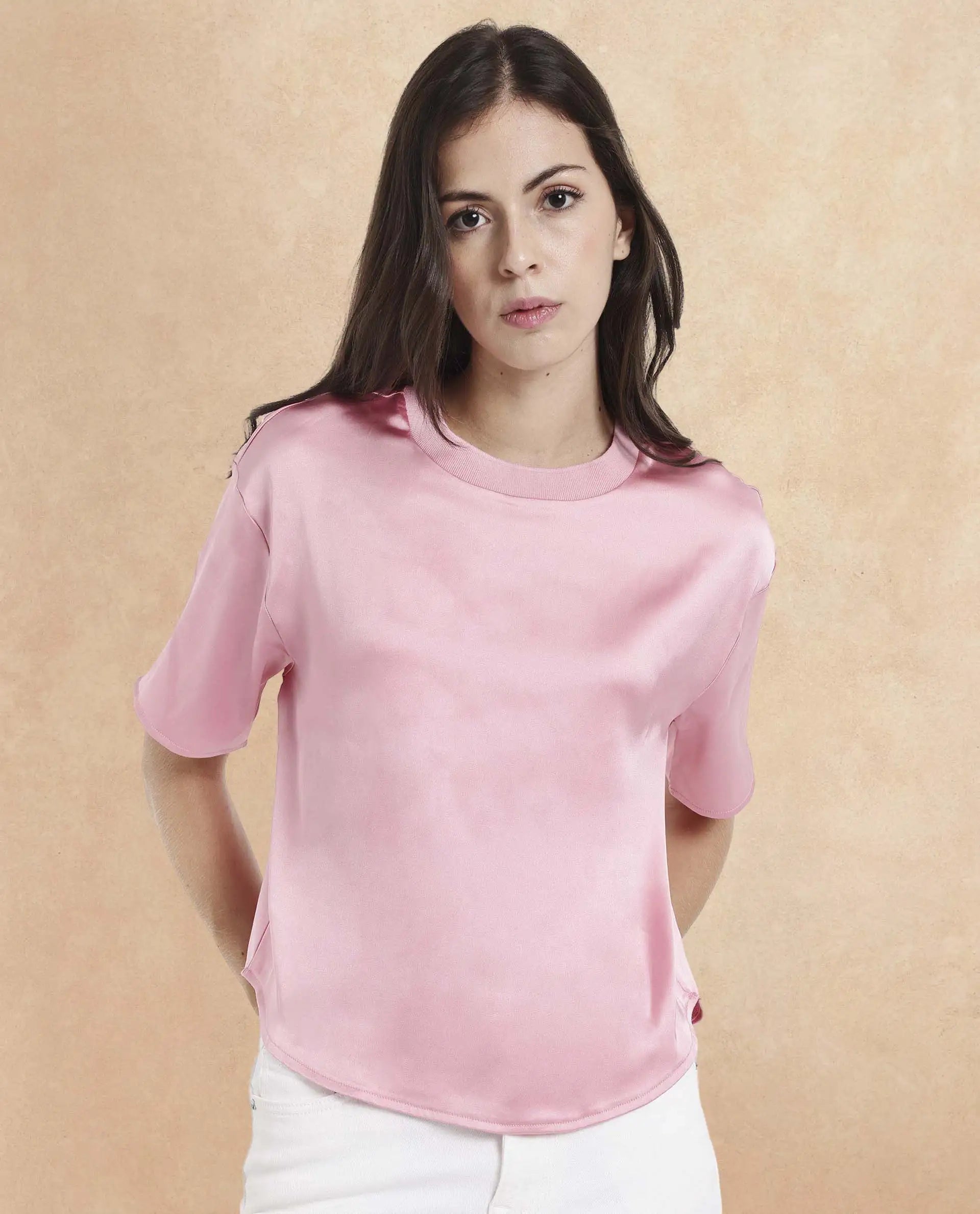 Rareism Women Karuno Light Pink Short Sleeve Ribbed Collar Boxy Fit Plain Top