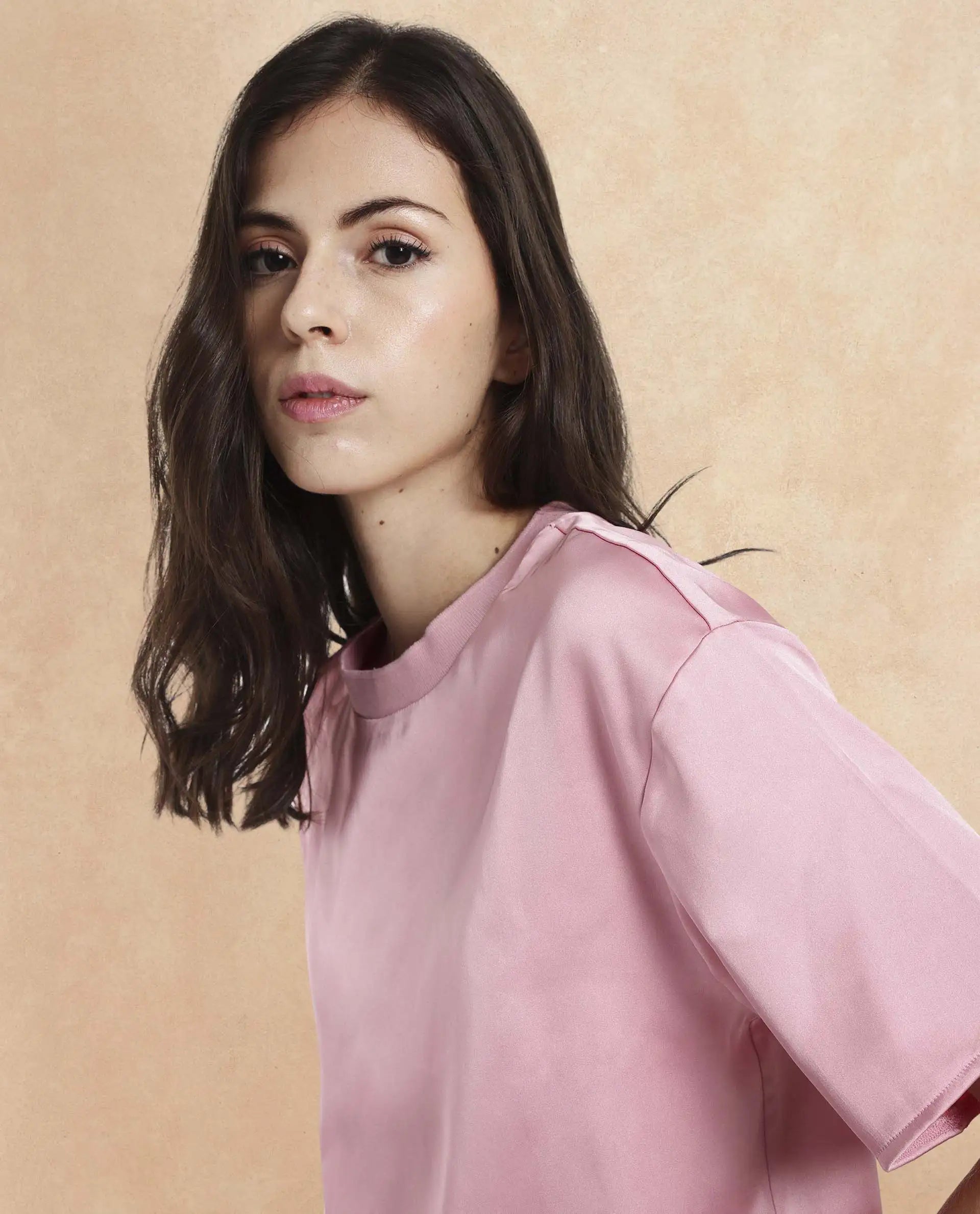 Rareism Women Karuno Light Pink Short Sleeve Ribbed Collar Boxy Fit Plain Top