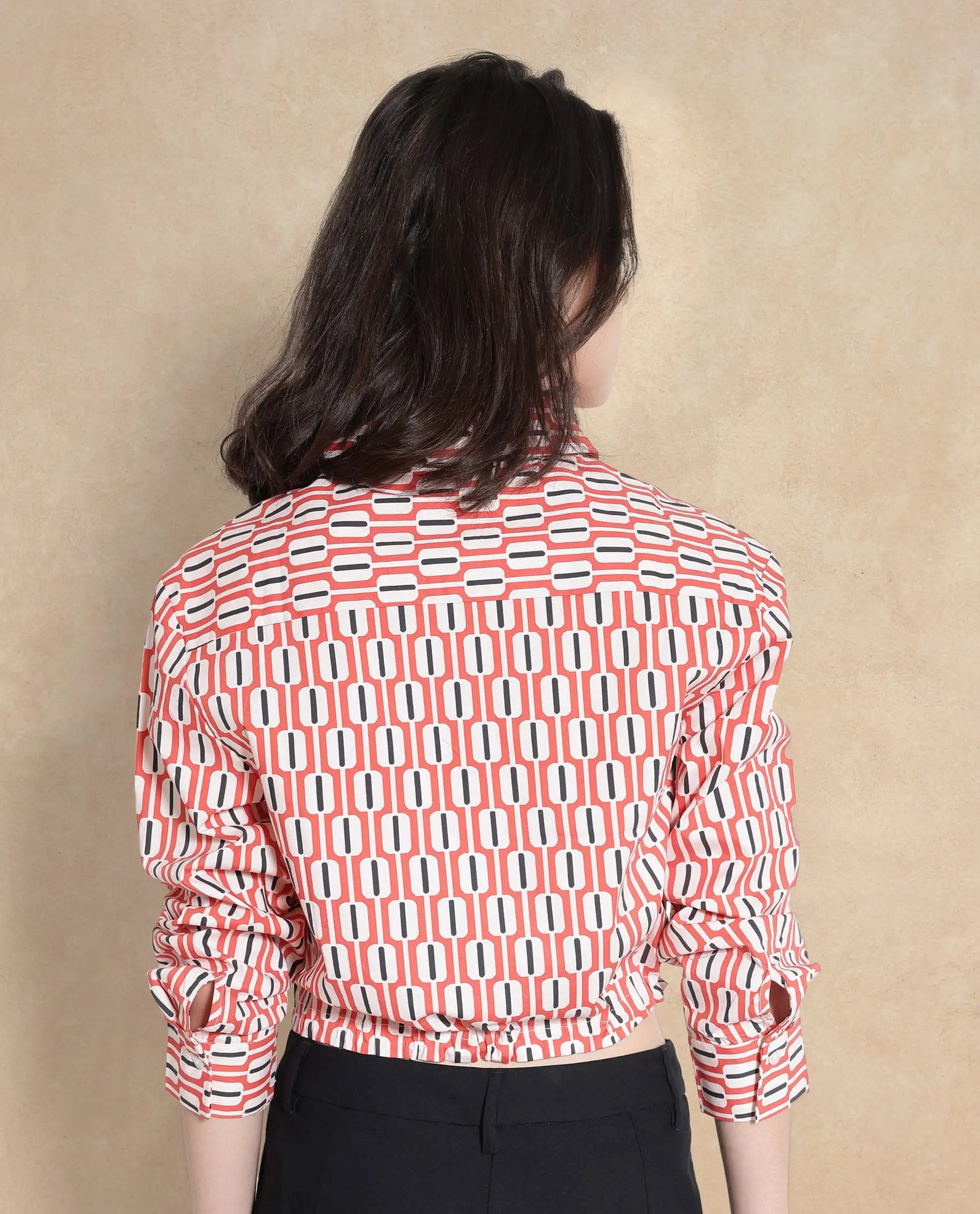 Rareism Women Kayline Multi Cuffed Sleeve Collared Neck Button Closure Cropped Geometric Print Top