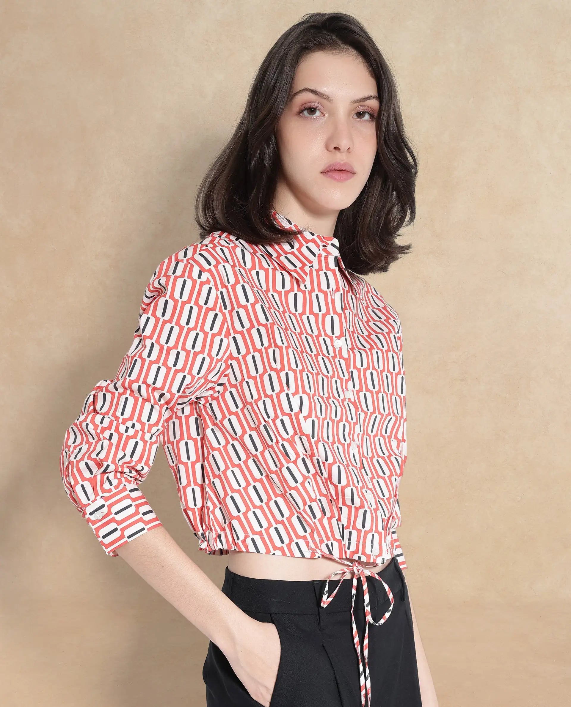 Rareism Women Kayline Multi Cuffed Sleeve Collared Neck Button Closure Cropped Geometric Print Top