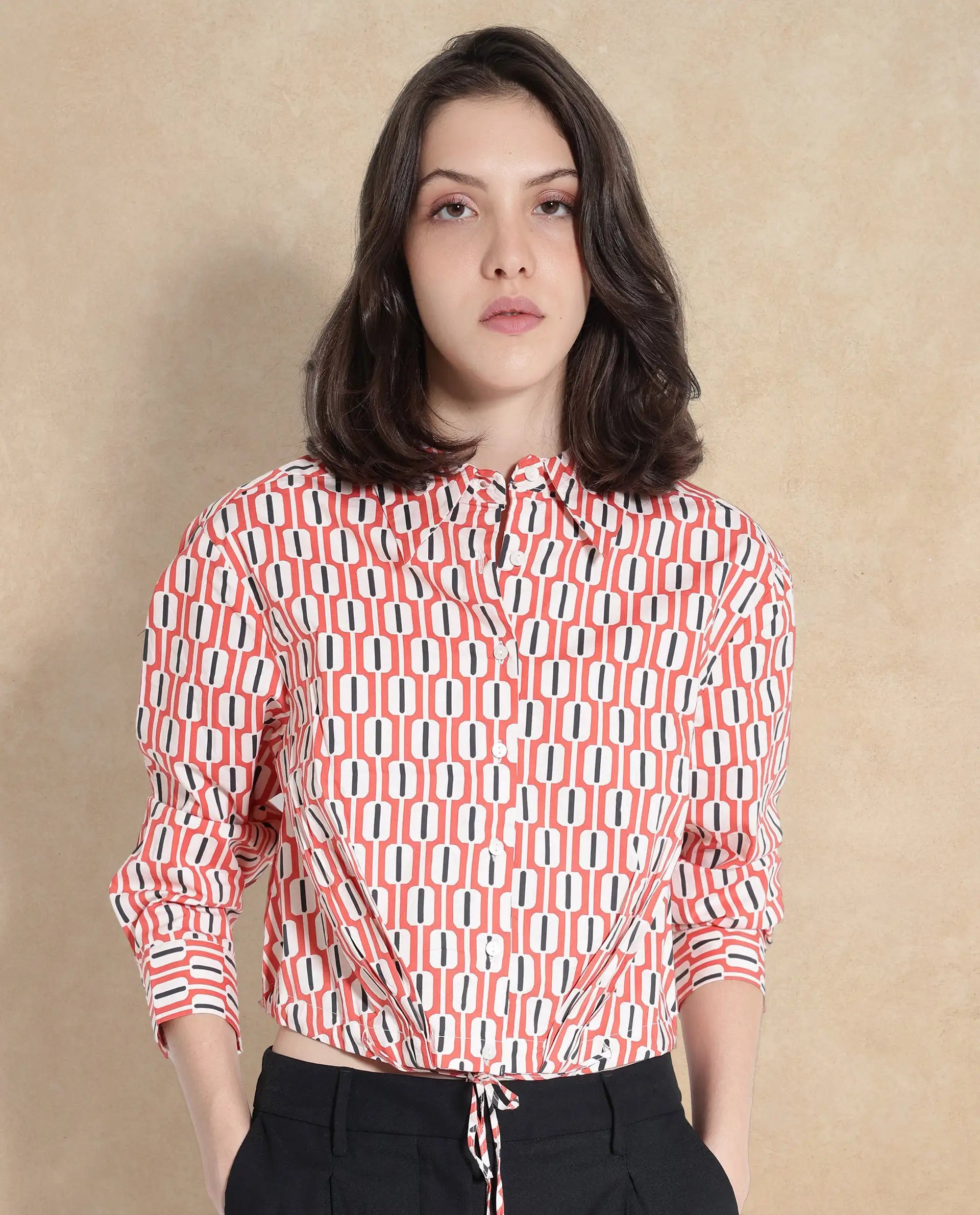 Rareism Women Kayline Multi Cuffed Sleeve Collared Neck Button Closure Cropped Geometric Print Top