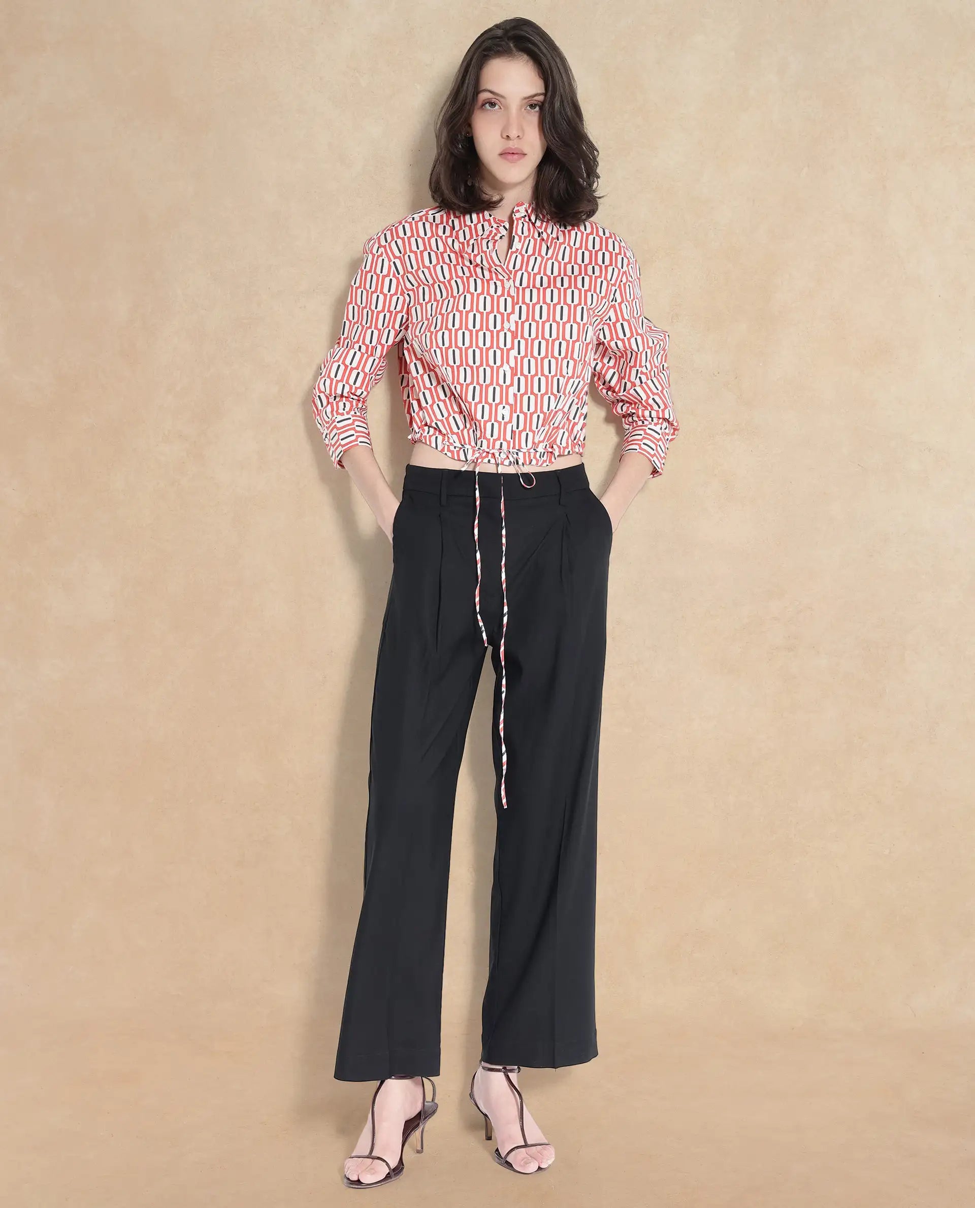 Rareism Women Kayline Multi Cuffed Sleeve Collared Neck Button Closure Cropped Geometric Print Top