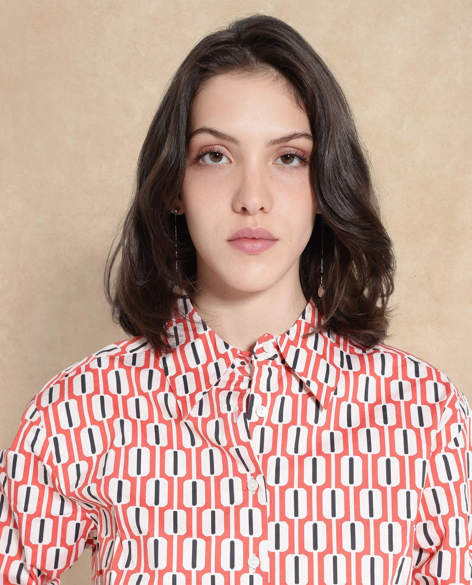 Rareism Women Kayline Multi Cuffed Sleeve Collared Neck Button Closure Cropped Geometric Print Top