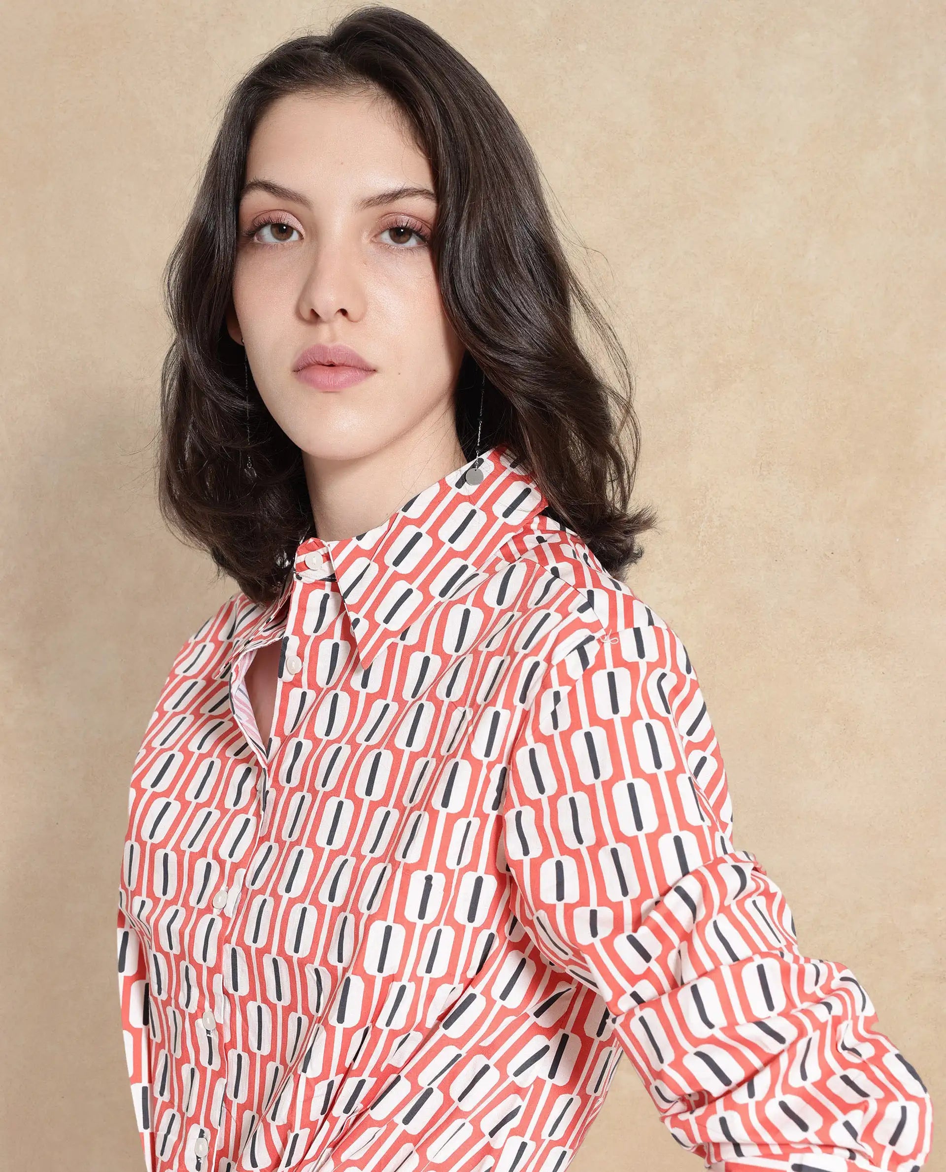 Rareism Women Kayline Multi Cuffed Sleeve Collared Neck Button Closure Cropped Geometric Print Top