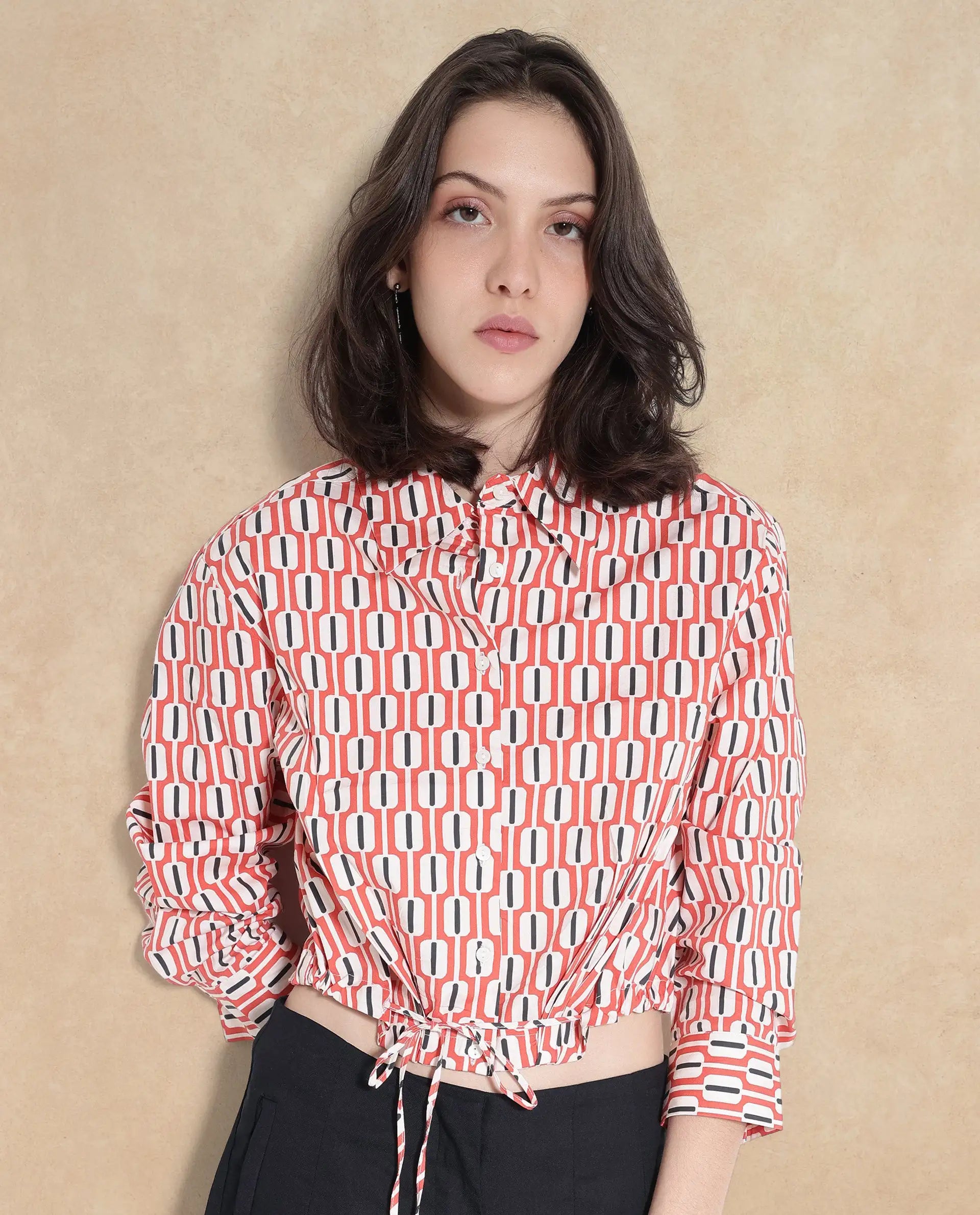 Rareism Women Kayline Multi Cuffed Sleeve Collared Neck Button Closure Cropped Geometric Print Top