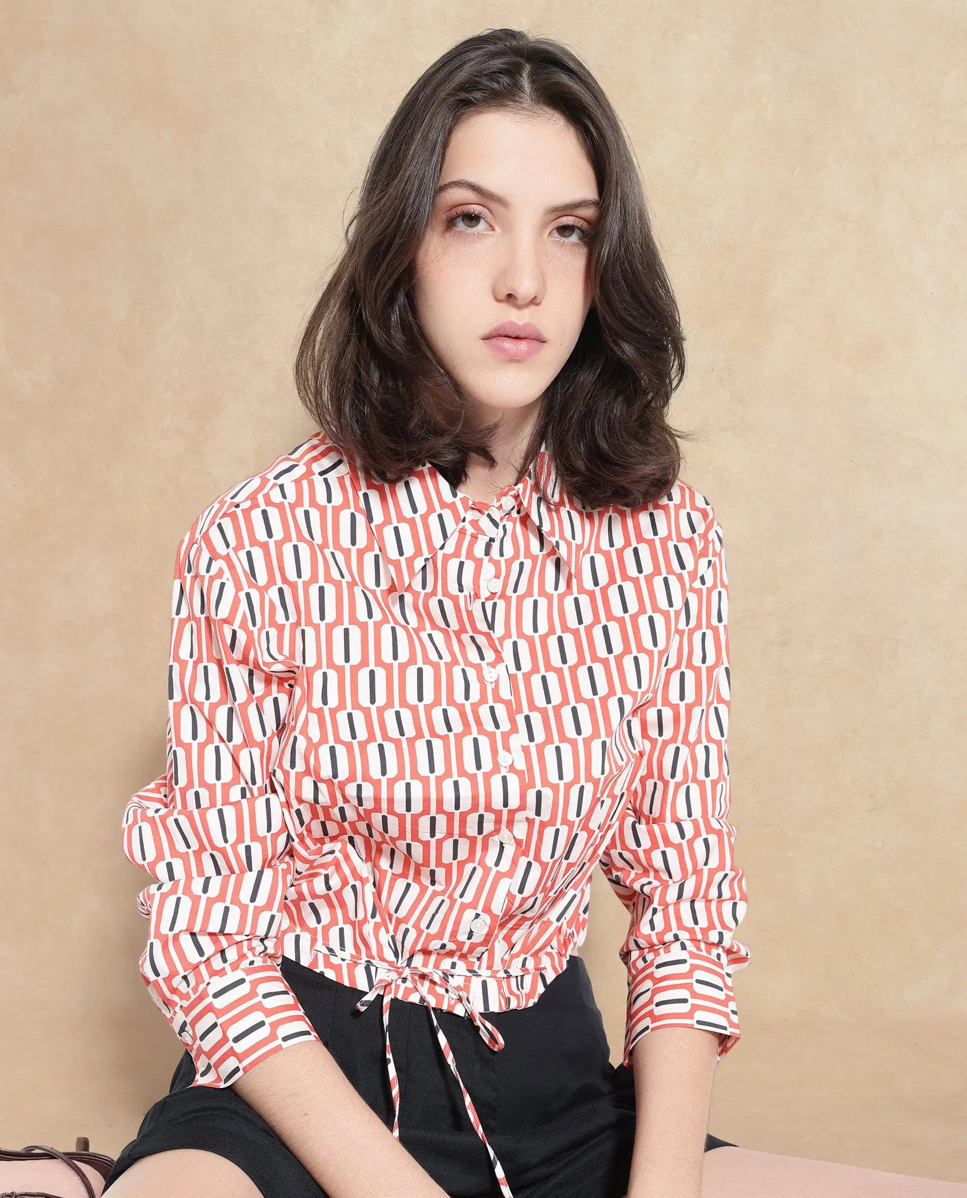 Rareism Women Kayline Multi Cuffed Sleeve Collared Neck Button Closure Cropped Geometric Print Top