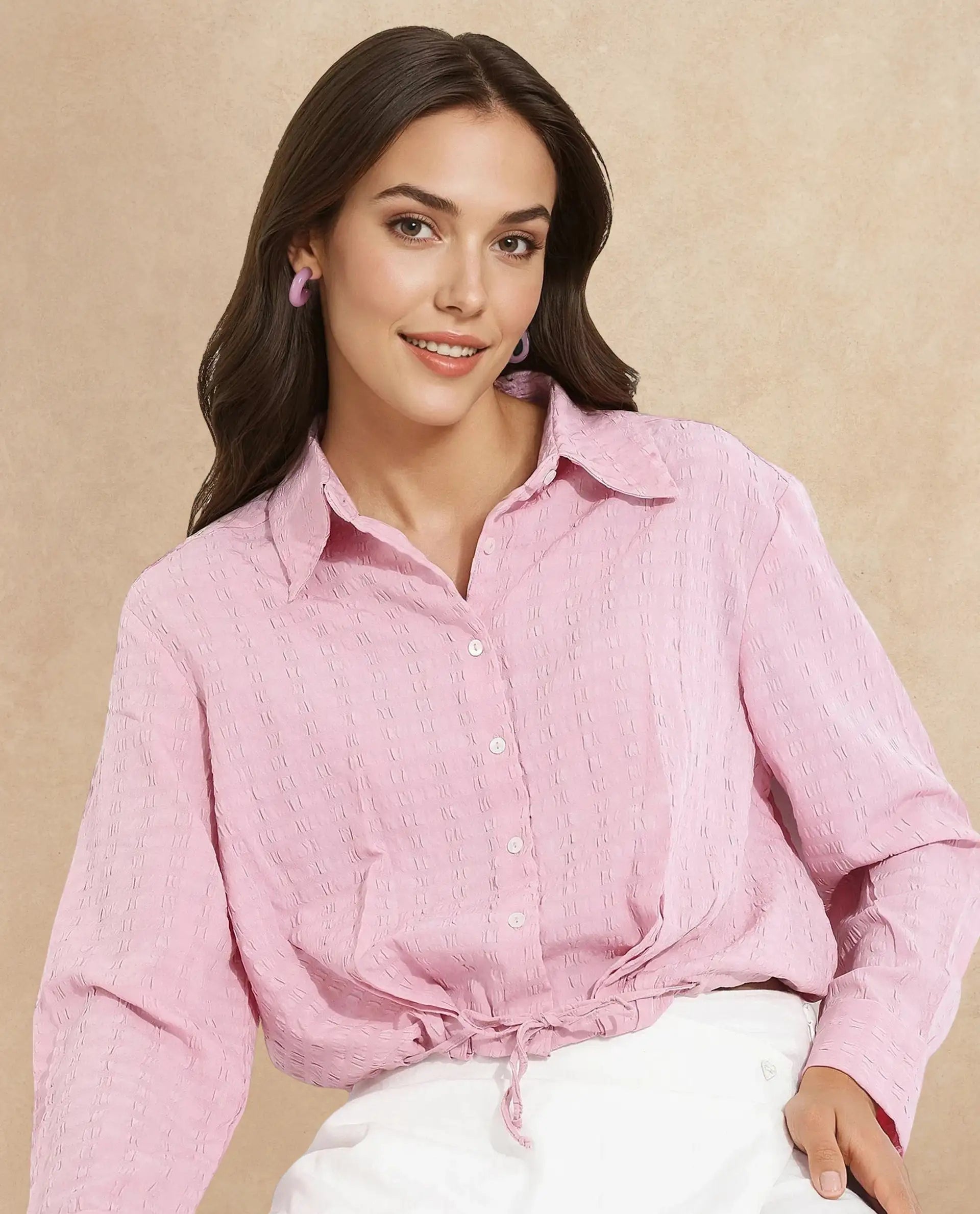 Rareism Women Kaylo Pink Cuffed Sleeve Collared Neck Button Closure Cropped Plain Top