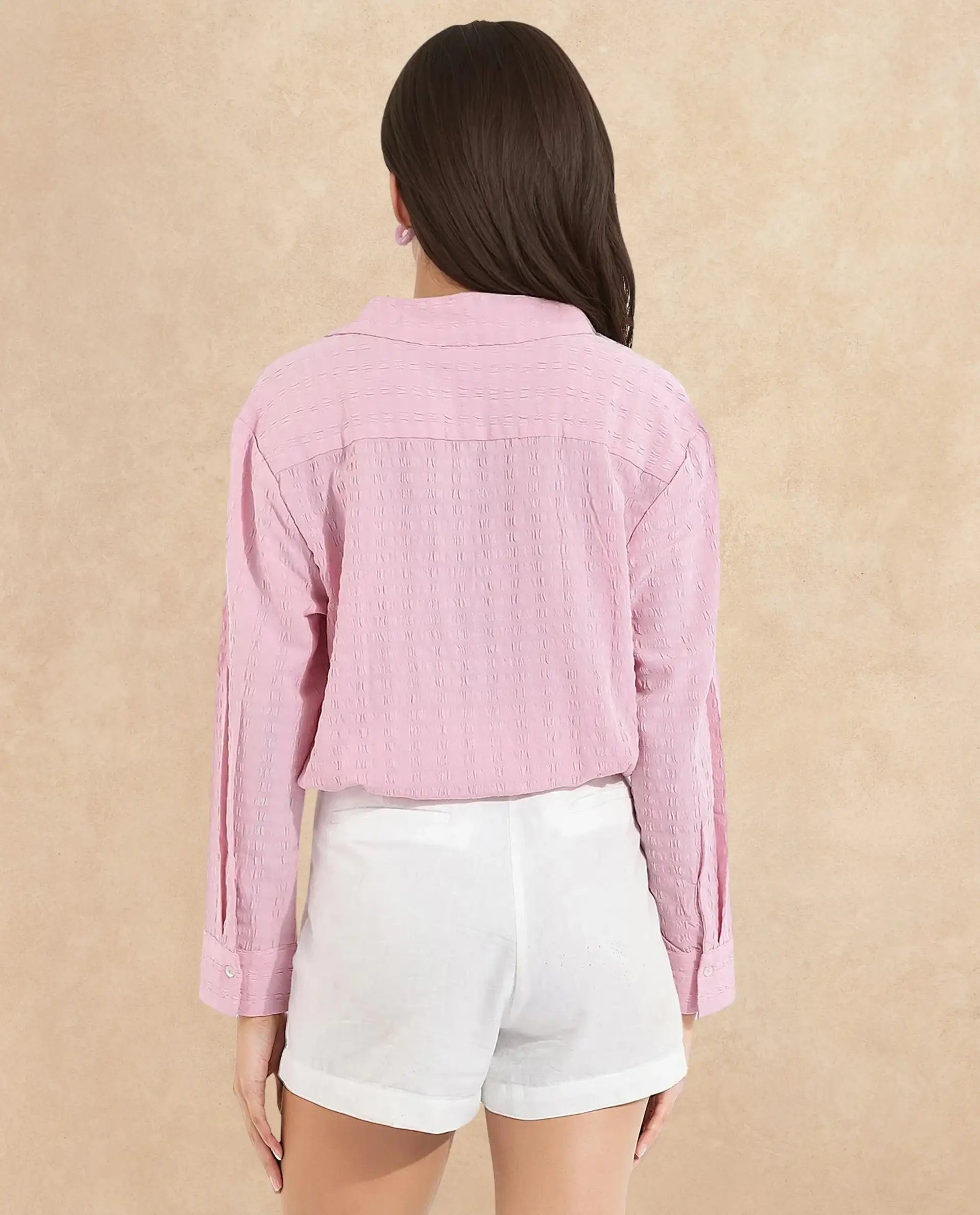 Rareism Women Kaylo Pink Cuffed Sleeve Collared Neck Button Closure Cropped Plain Top