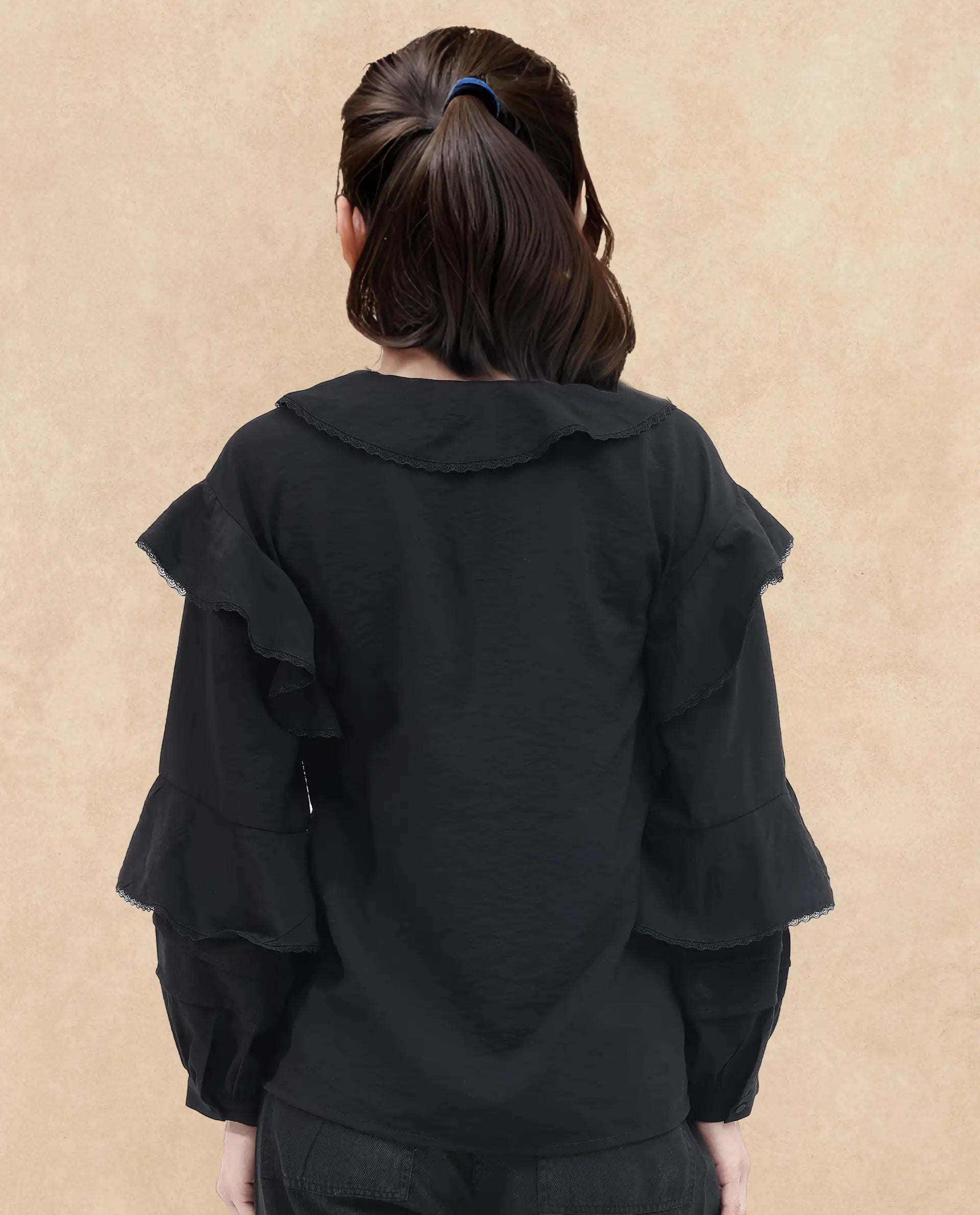 Rareism Women Kei-T Black Poly Viscose Button Closure Bishop Sleeve Peter Pan Neck Relaxed Fit Plain Top