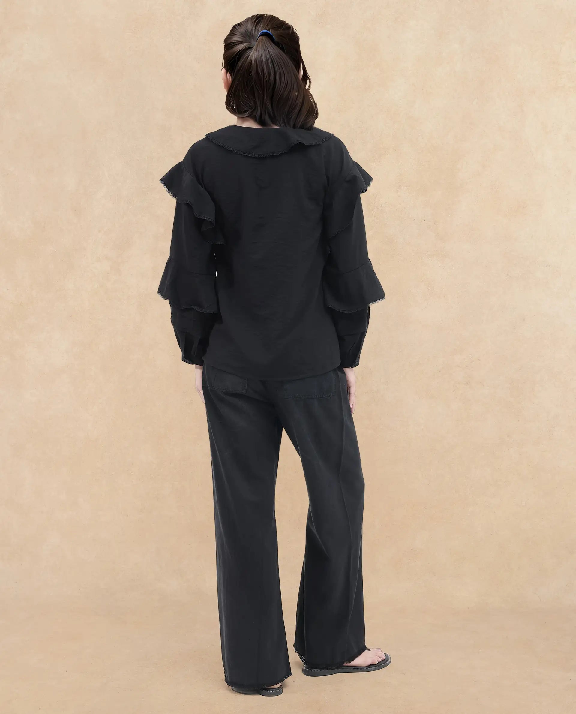 Rareism Women Kei-T Black Poly Viscose Button Closure Bishop Sleeve Peter Pan Neck Relaxed Fit Plain Top