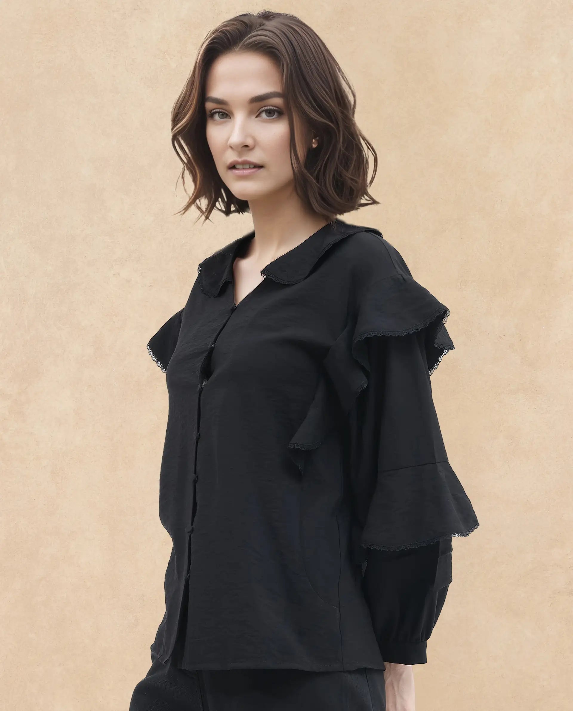 Rareism Women Kei-T Black Poly Viscose Button Closure Bishop Sleeve Peter Pan Neck Relaxed Fit Plain Top