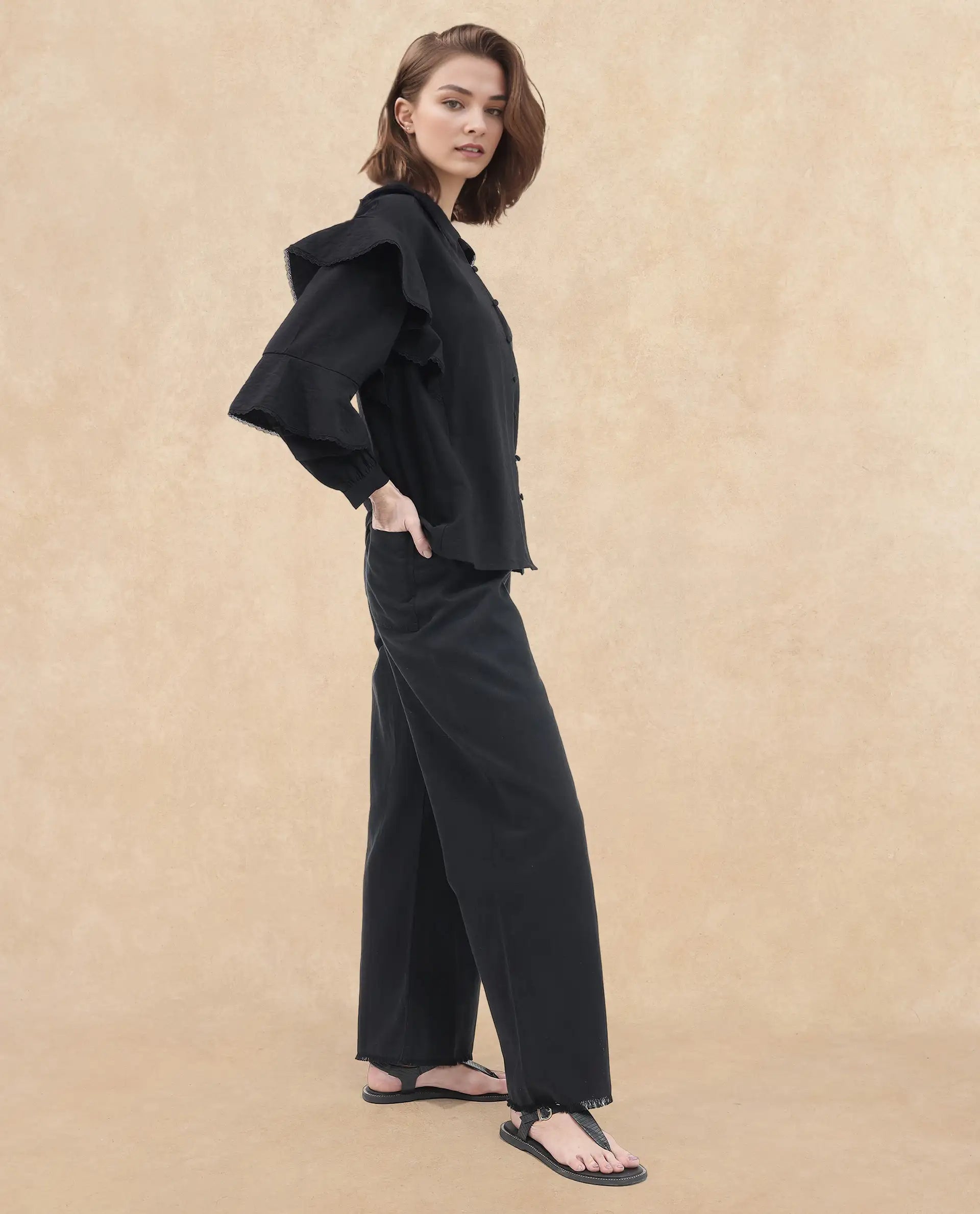 Rareism Women Kei-T Black Poly Viscose Button Closure Bishop Sleeve Peter Pan Neck Relaxed Fit Plain Top