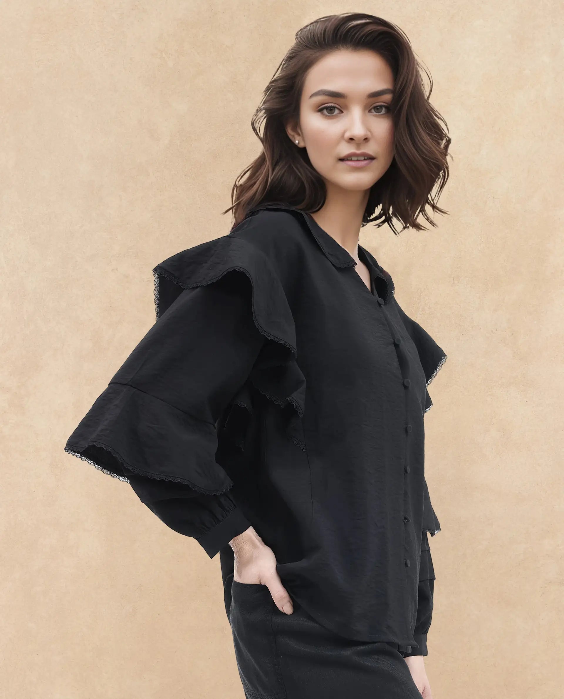 Rareism Women Kei-T Black Poly Viscose Button Closure Bishop Sleeve Peter Pan Neck Relaxed Fit Plain Top