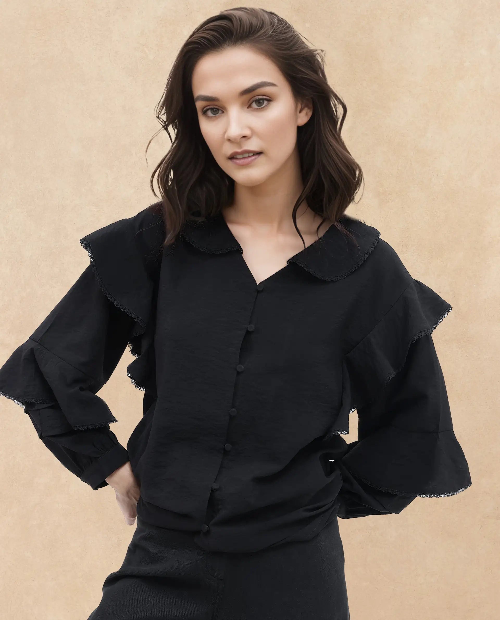 Rareism Women Kei-T Black Poly Viscose Button Closure Bishop Sleeve Peter Pan Neck Relaxed Fit Plain Top