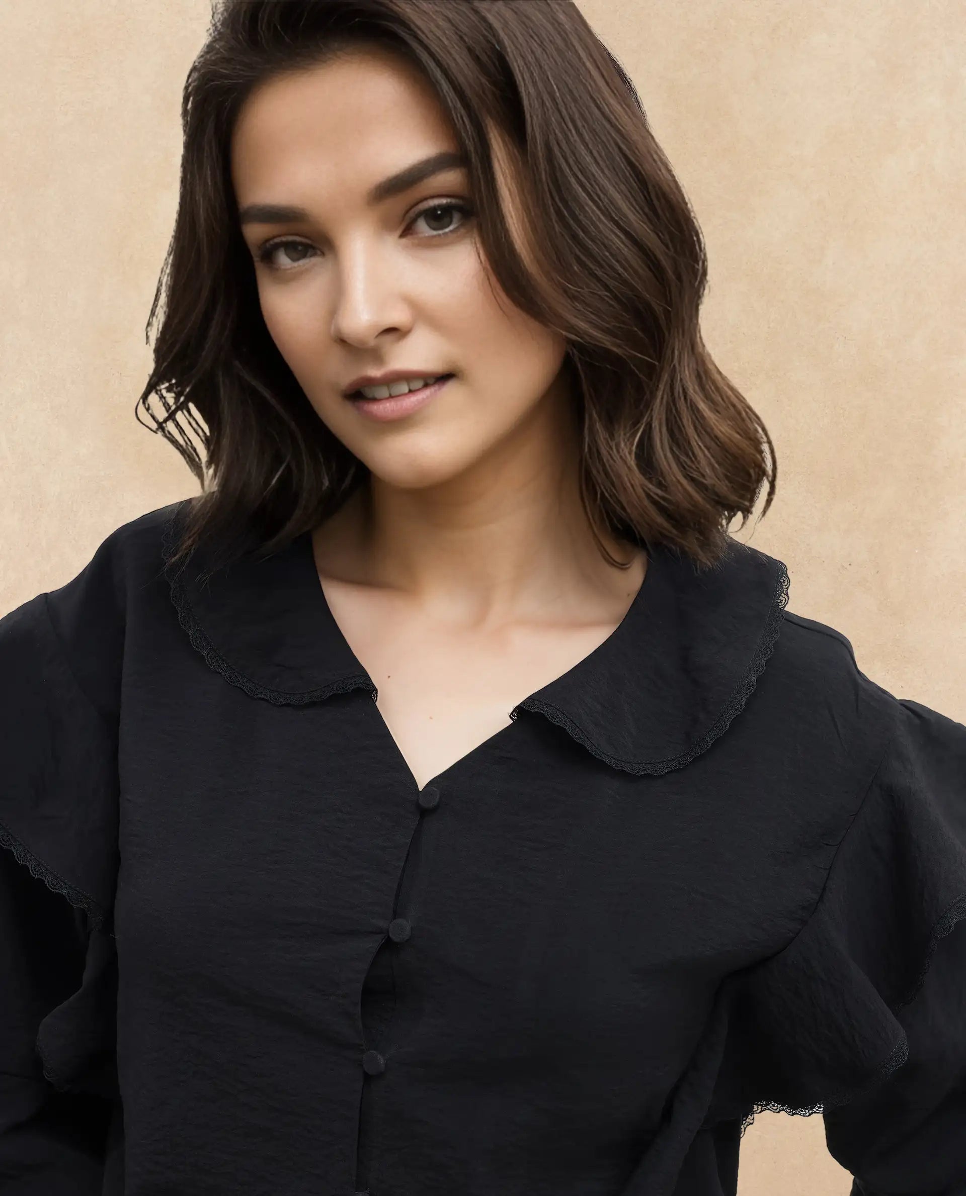 Rareism Women Kei-T Black Poly Viscose Button Closure Bishop Sleeve Peter Pan Neck Relaxed Fit Plain Top