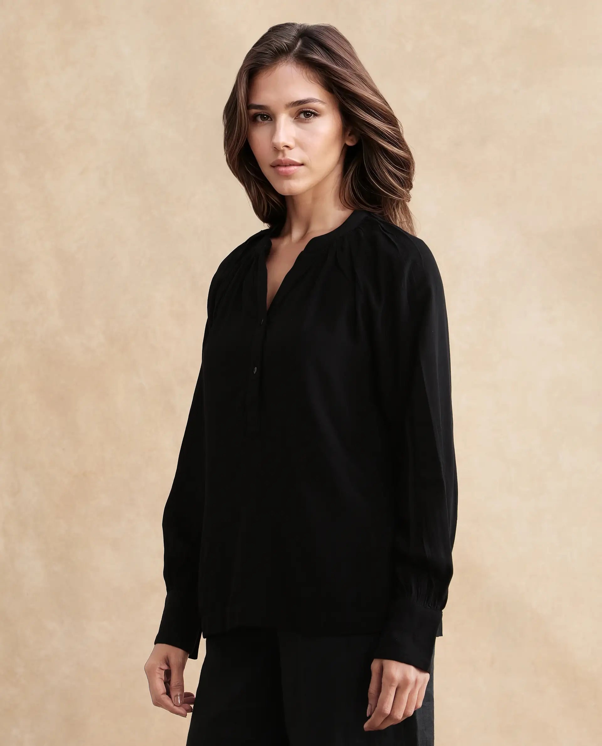 Rareism Women Kella Black Viscose Fabric Full Sleeve Round Neck Embroidered Top